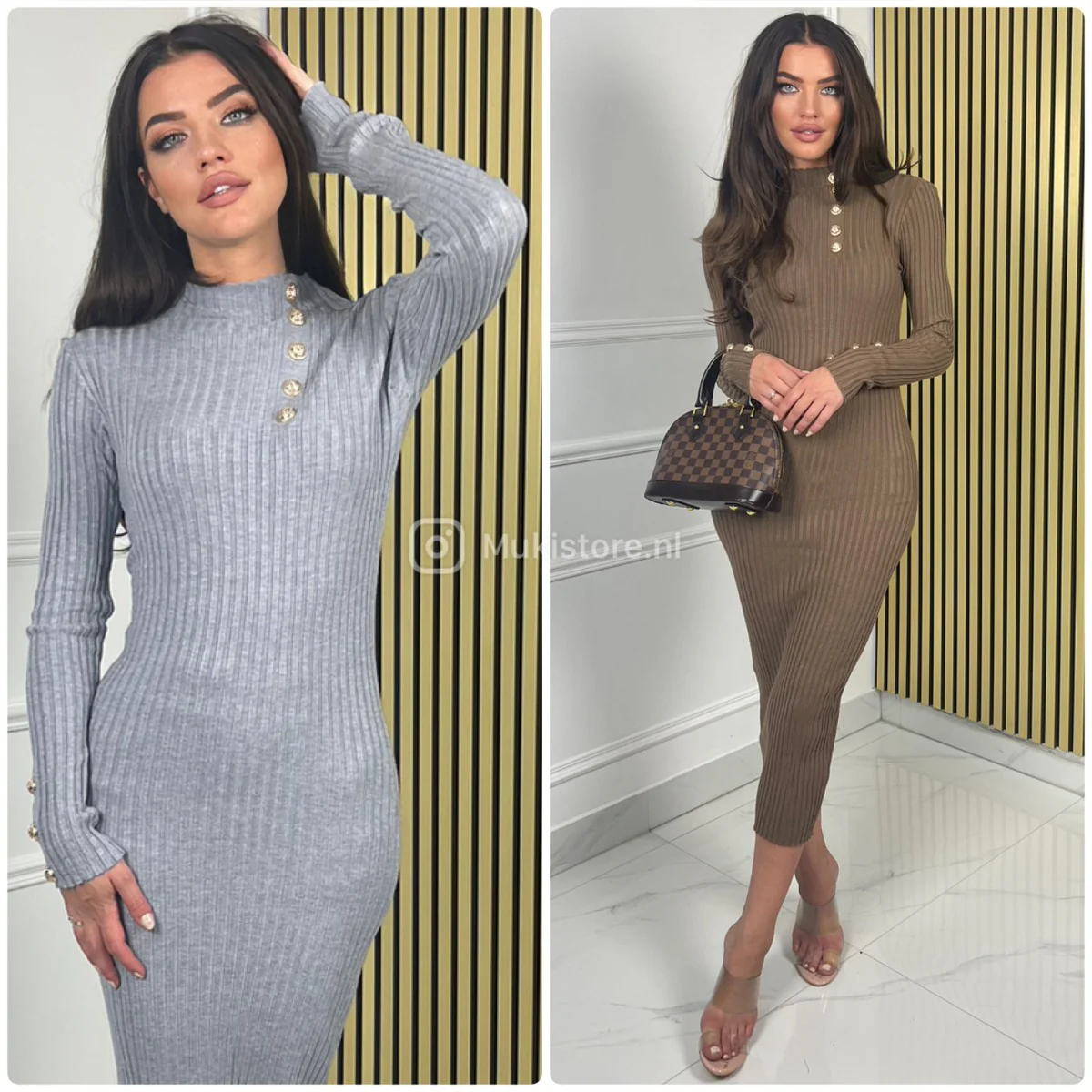 Ribbed Dress Long Golden Buttons Chest And Sleeves 9972 - Image 2