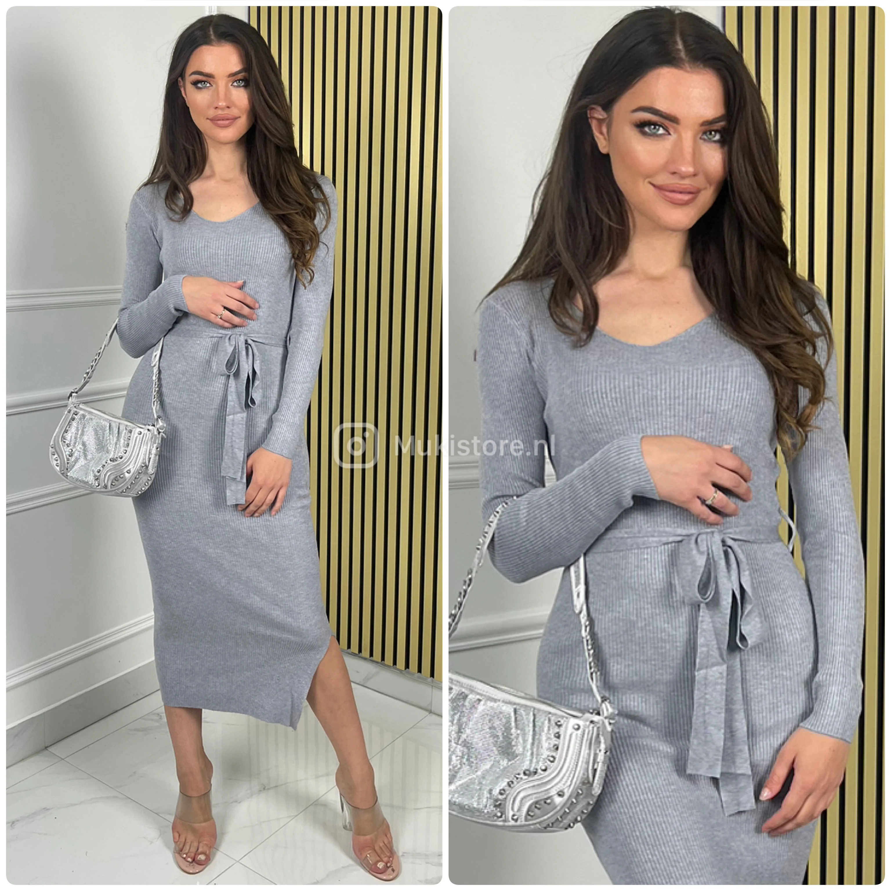 Ribbed Tie Belt V Neck Dress 9967 - Image 10