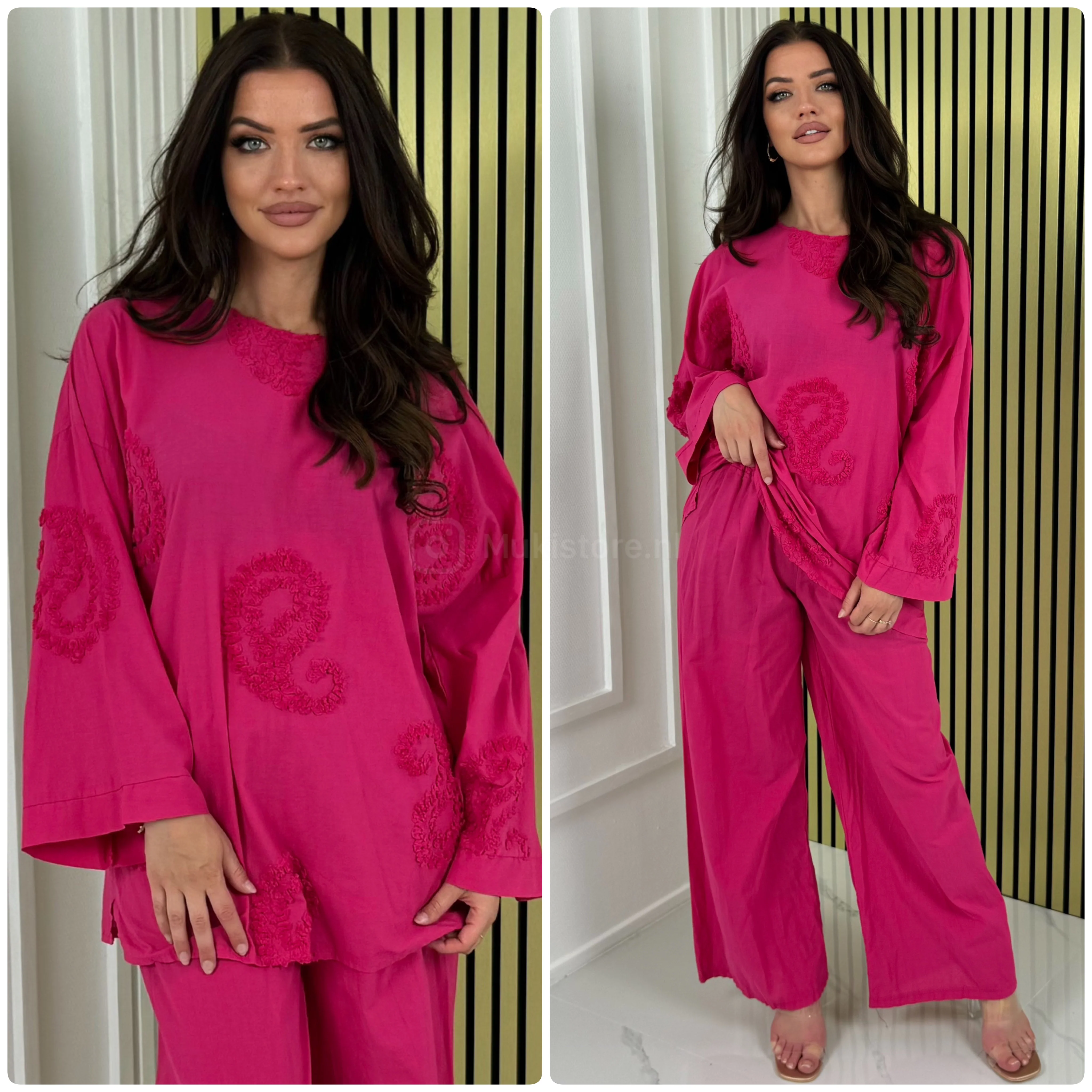 Round Neck Embroidery Detail Wide Leg Set - Image 13
