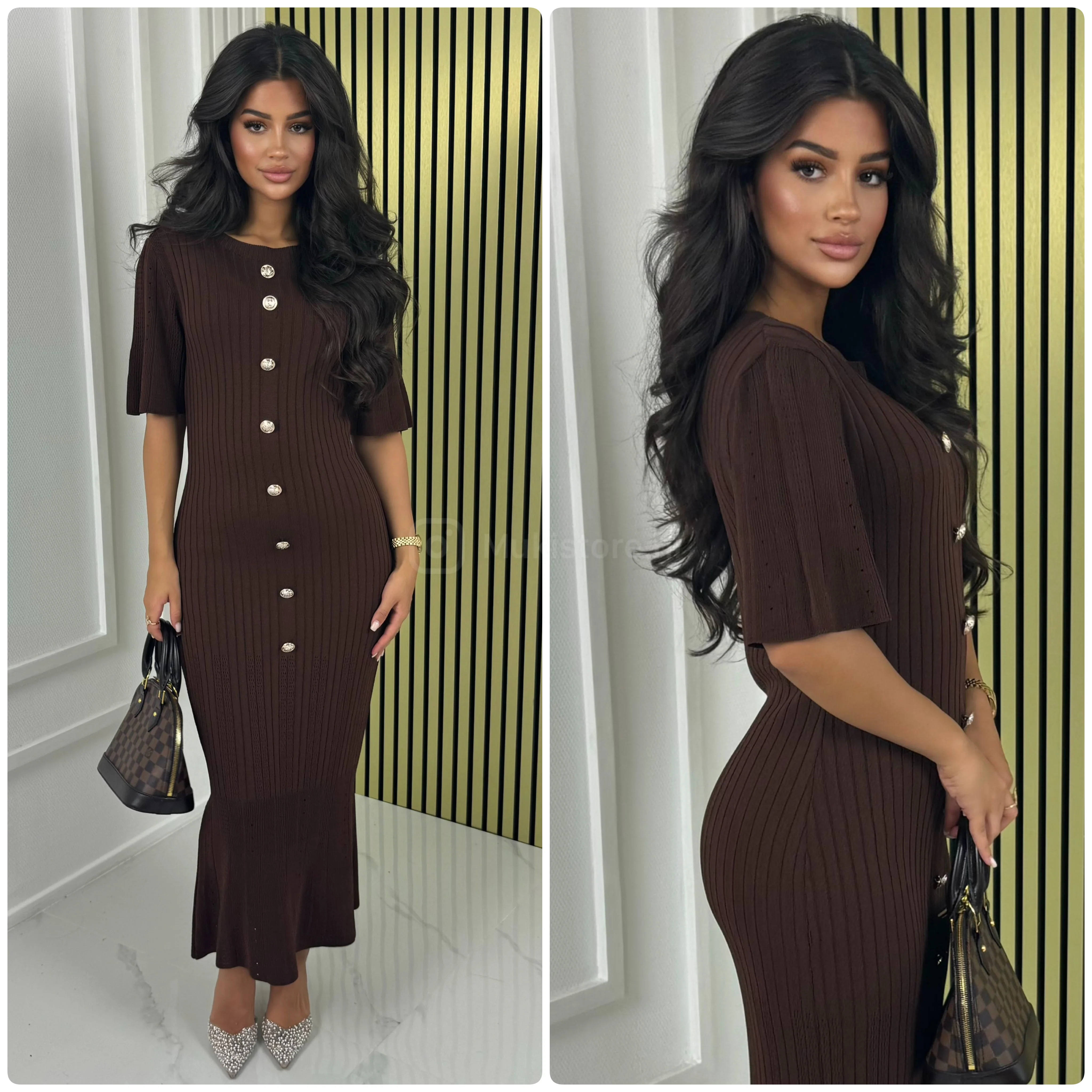 Round Neck Ribbed Knit Dress Golden Buttons - Image 13