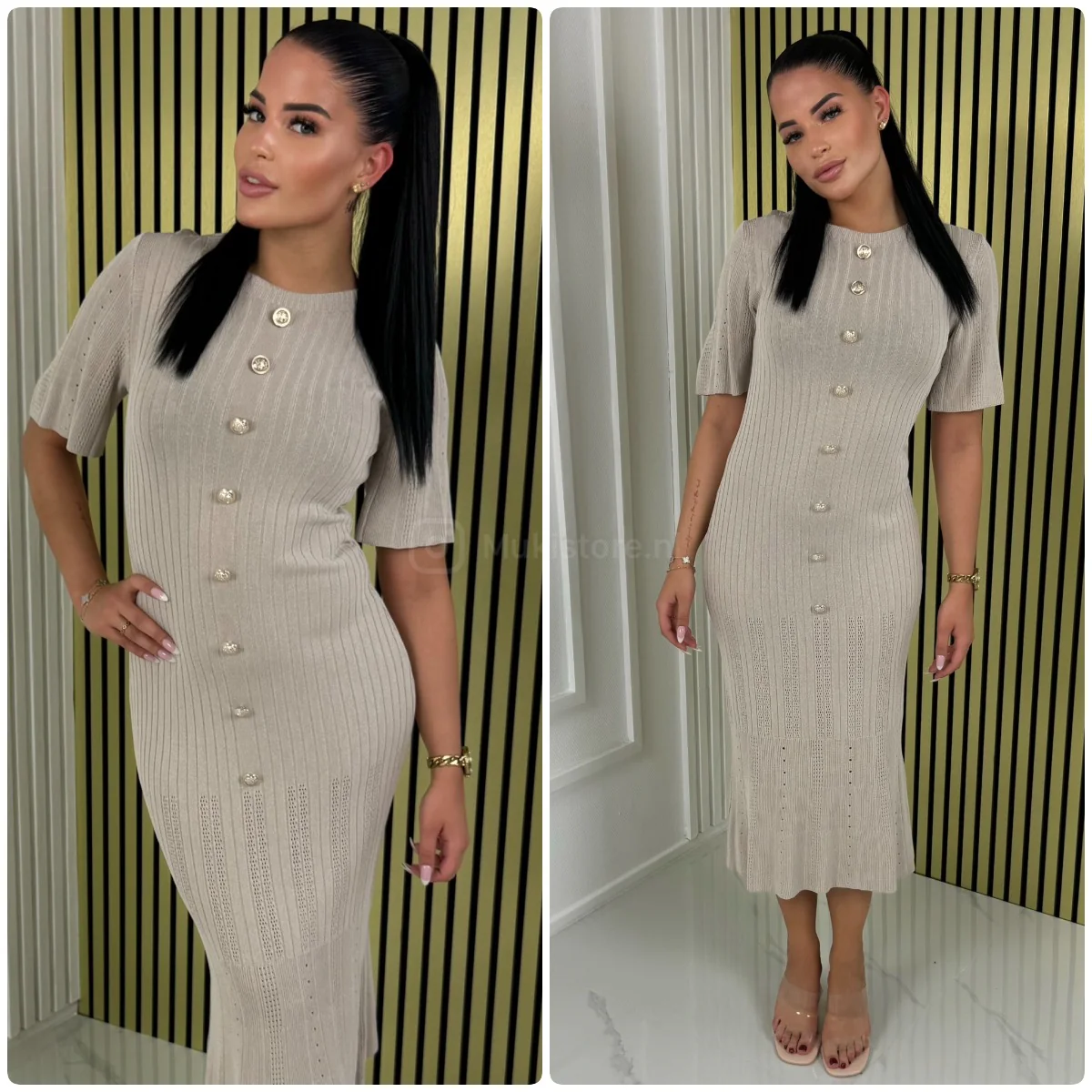 Round Neck Ribbed Knit Dress Golden Buttons - Image 4