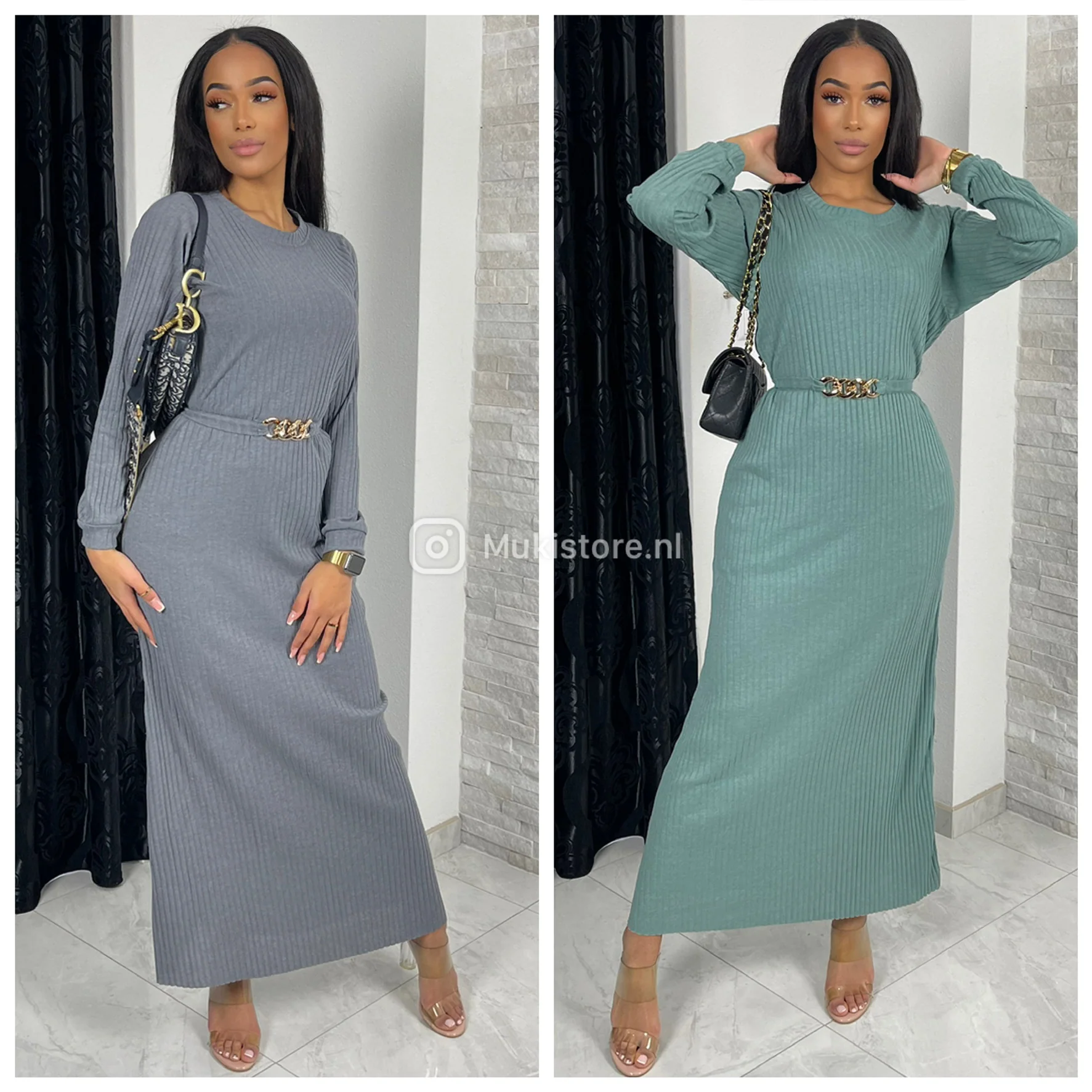 Round Neck Thin Ribbed Tie Belt Gold Dress - Image 7