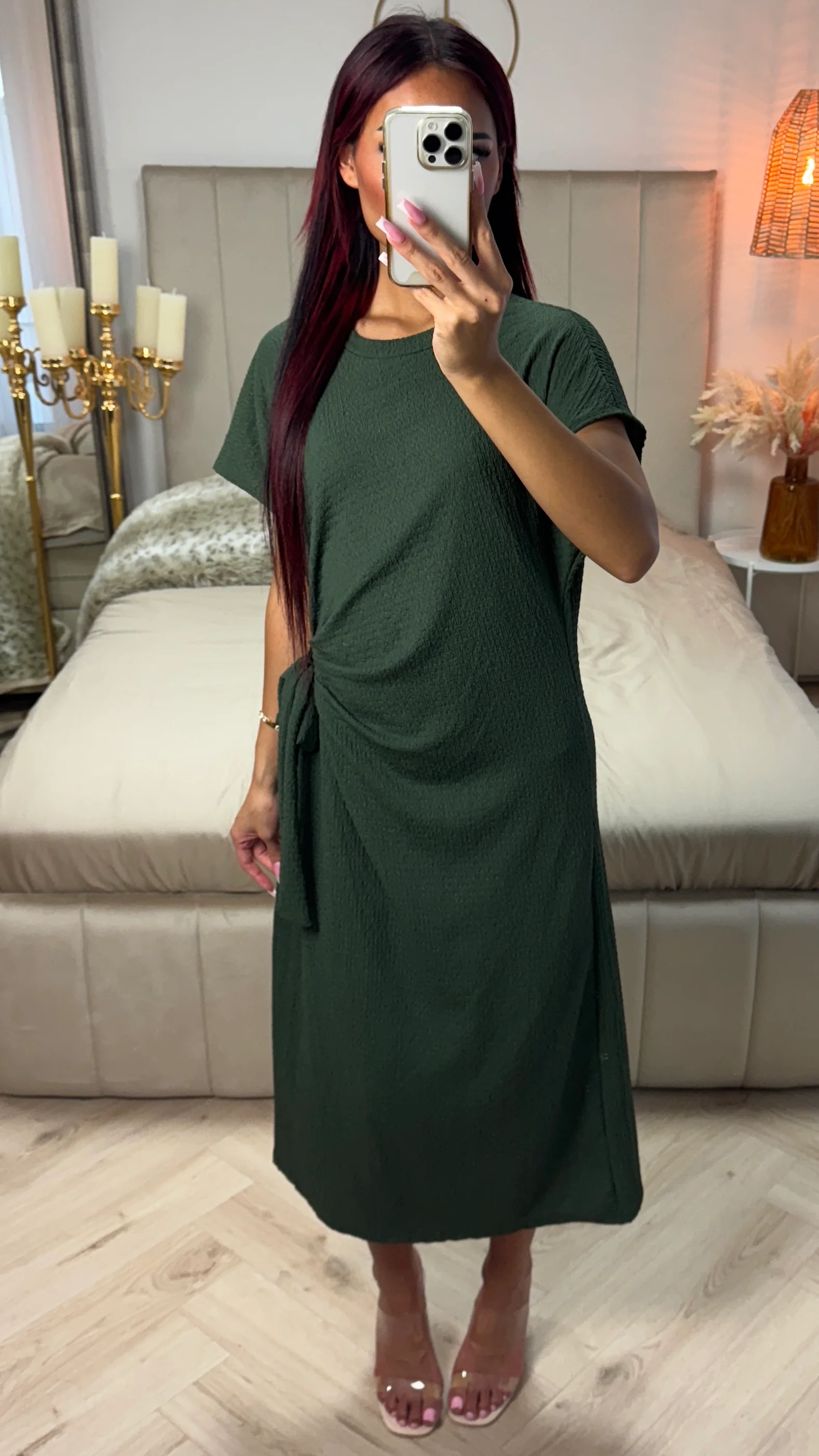 Round Neck Wrap Tie Belt Cheesecloth Dress - Image 11