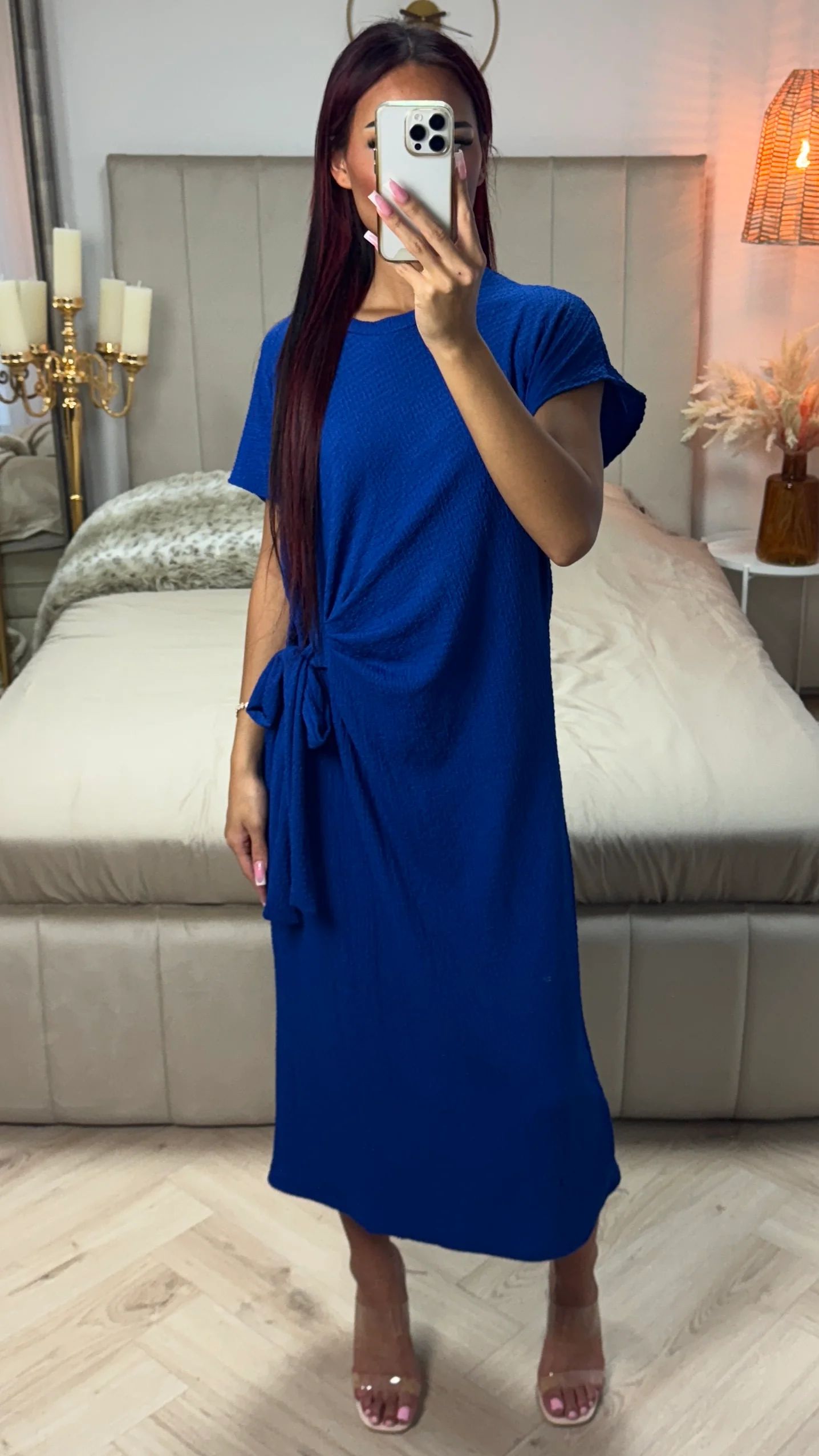 Round Neck Wrap Tie Belt Cheesecloth Dress - Image 4