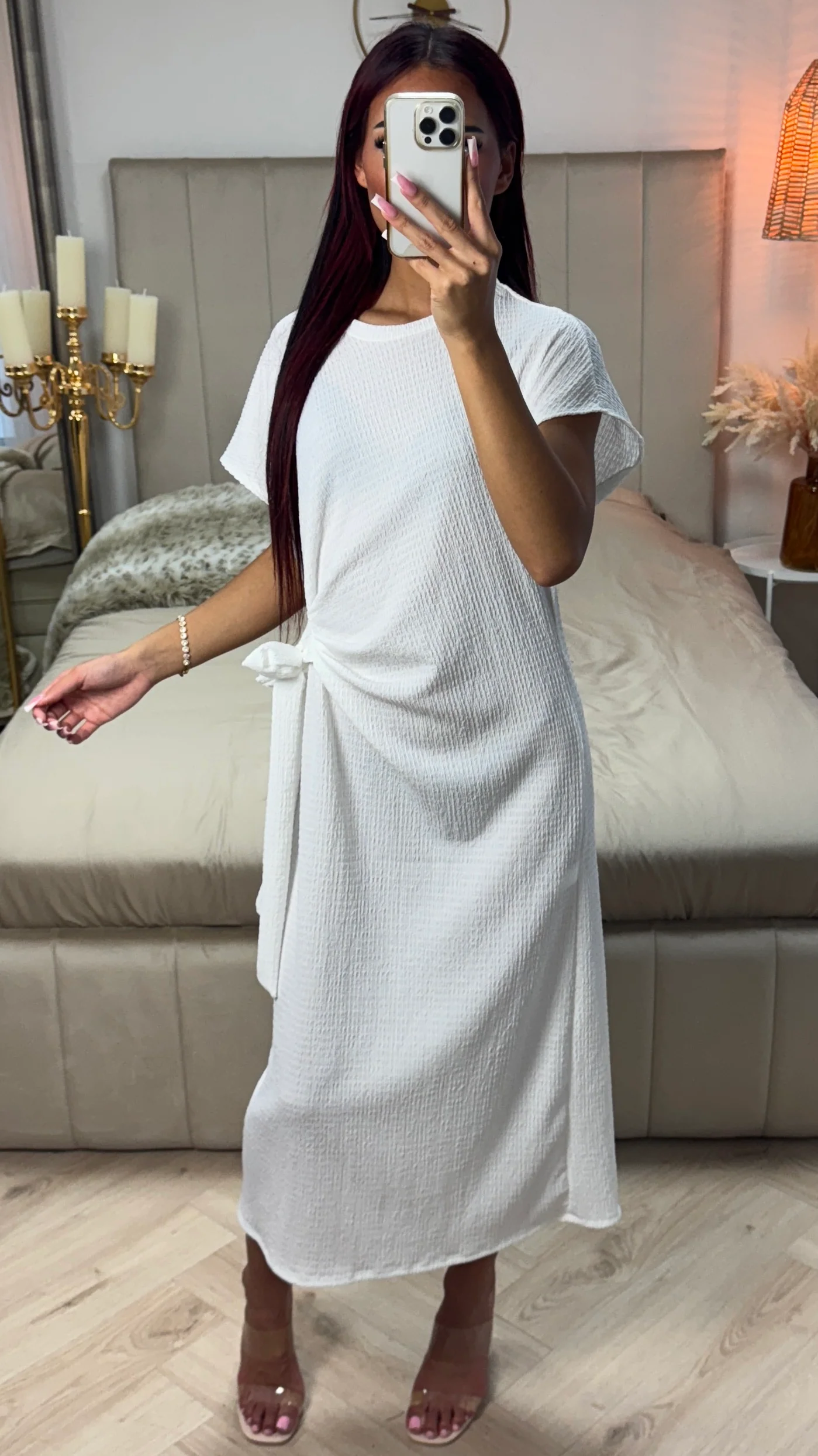 Round Neck Wrap Tie Belt Cheesecloth Dress - Image 6