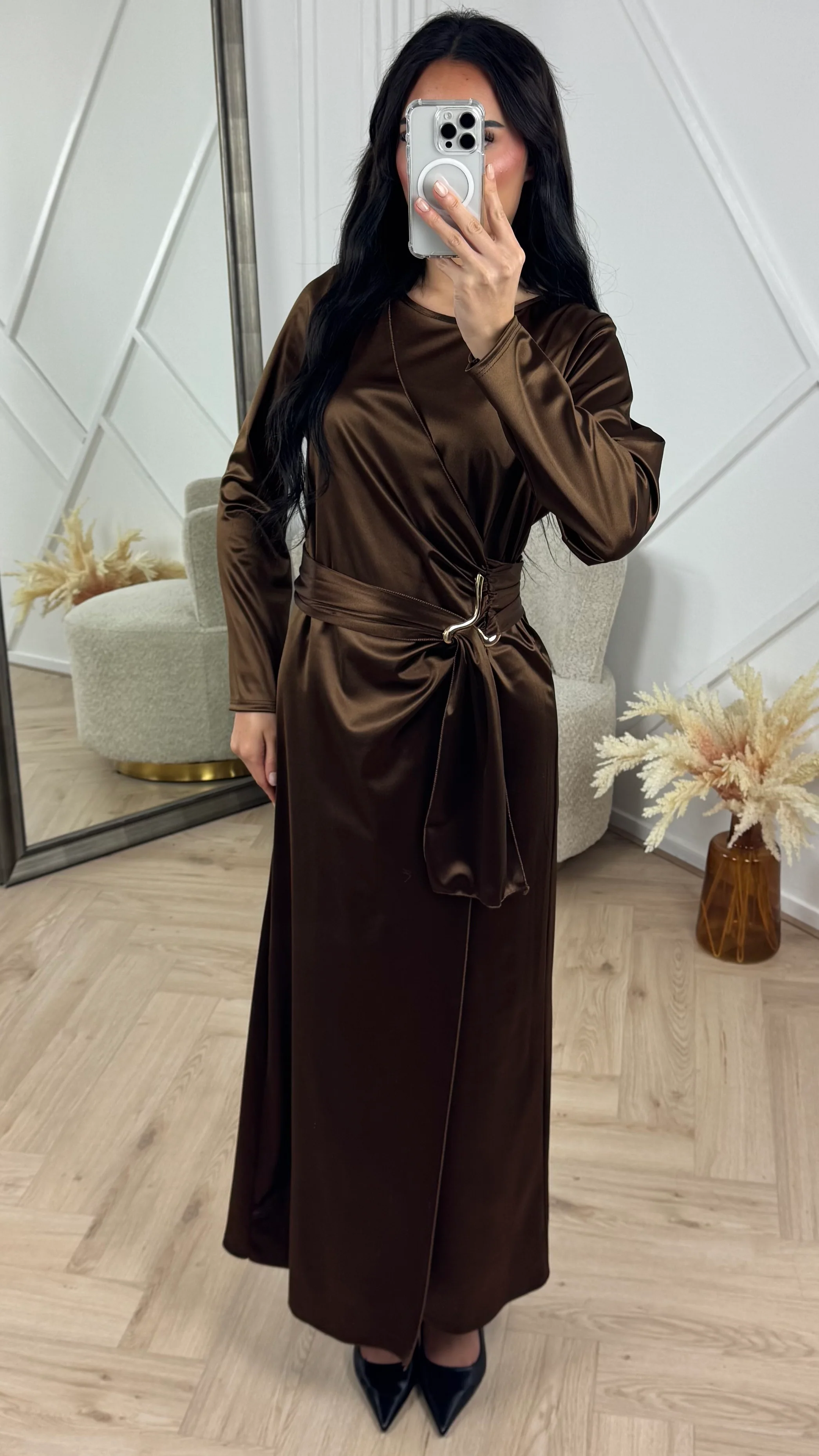 Satijnen Abaya Maxi Jurk met Overslag en Gesp