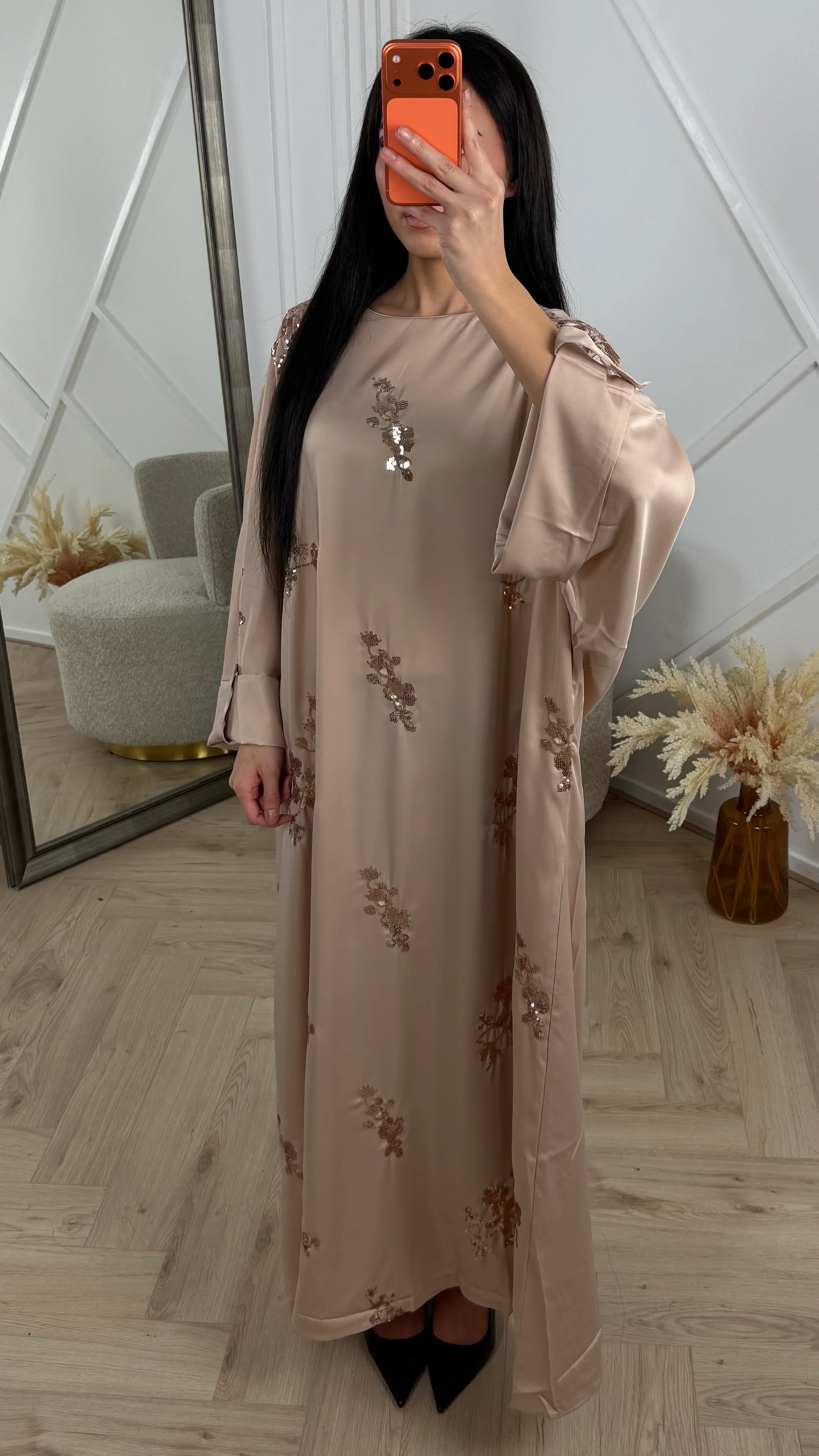 Satijnen Abaya Maxi Jurk met Pailletten Bloemen - Image 7