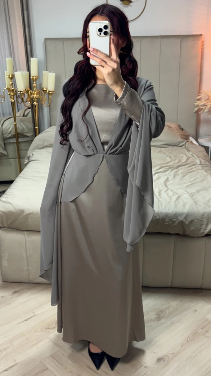 Satin Dress Integrated Shawl Cardigan - Image 10