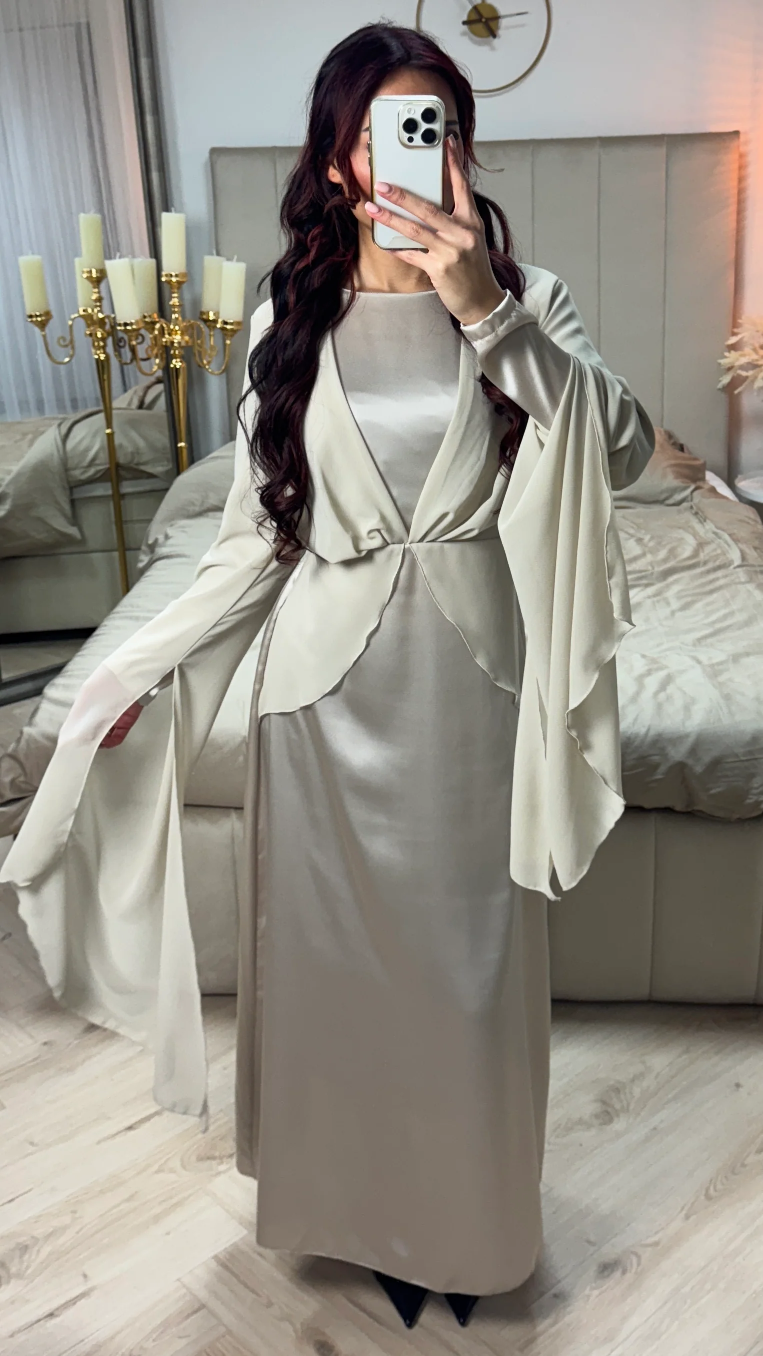 Satin Dress Integrated Shawl Cardigan - Image 14