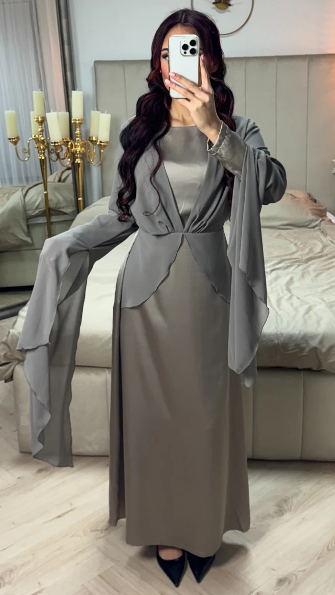 Satin Dress Integrated Shawl Cardigan - Image 9