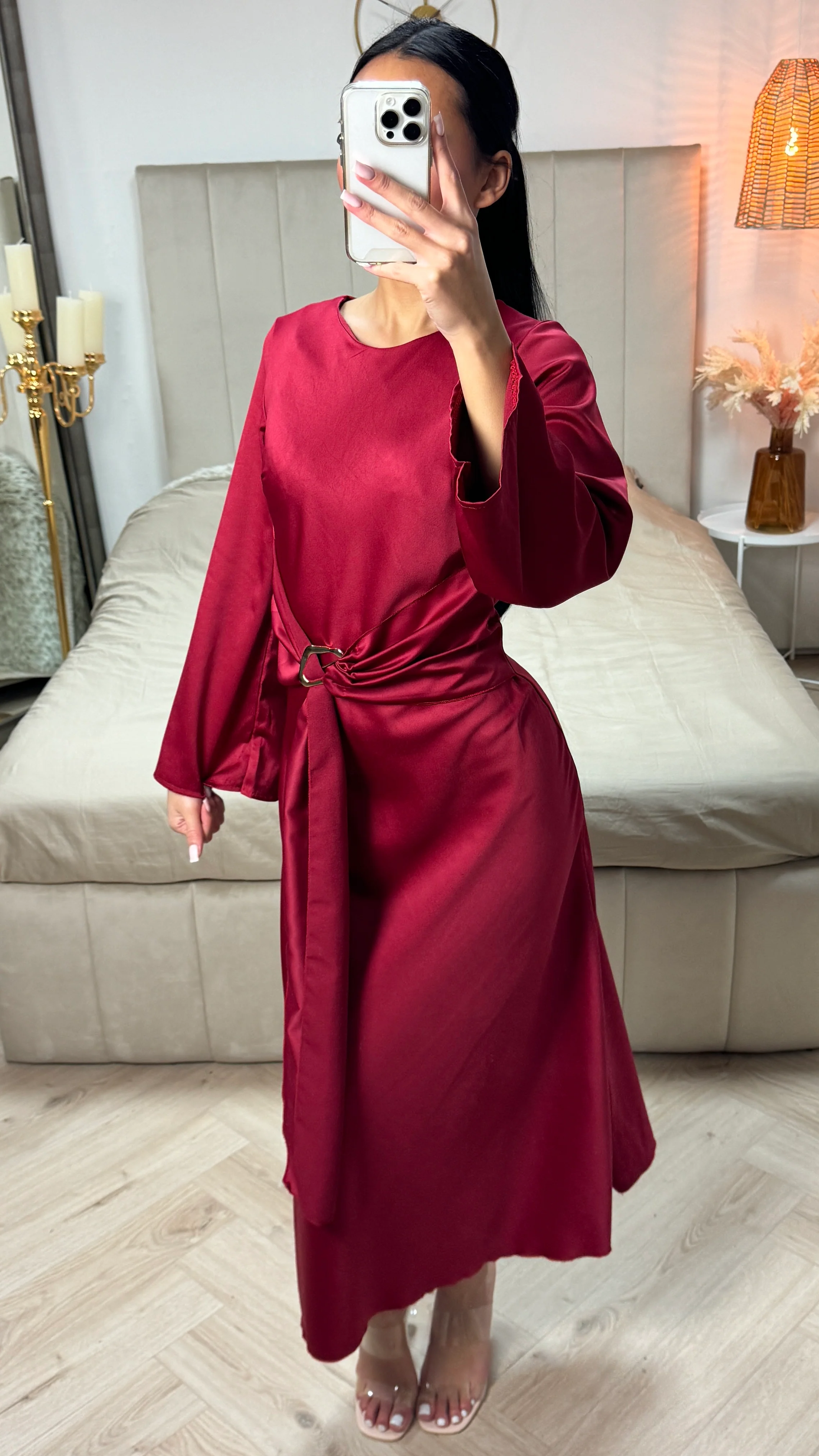 Satin Dress Tie Belt Gold Detail - Image 12