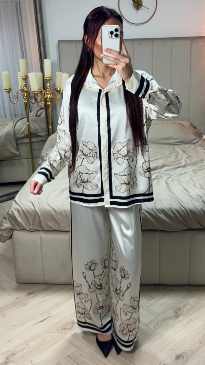 Satin Flower Print Blouse Set - Image 10