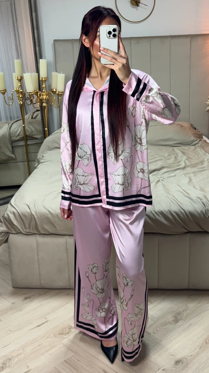 Satin Flower Print Blouse Set - Image 13