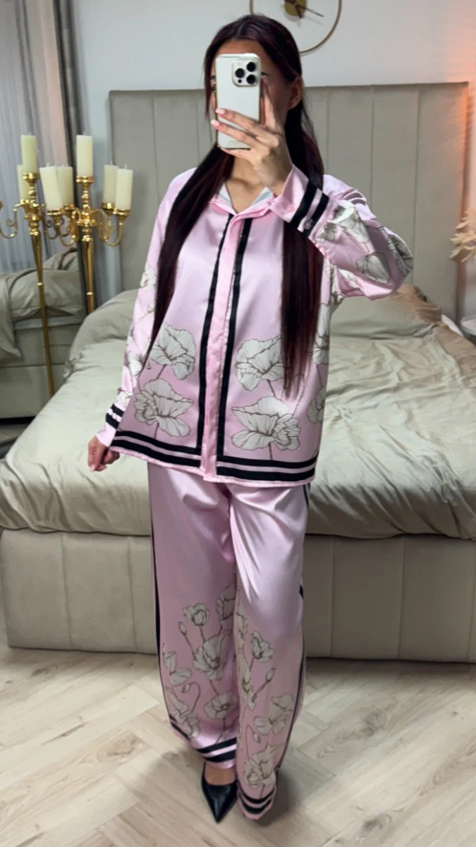Satin Flower Print Blouse Set - Image 14