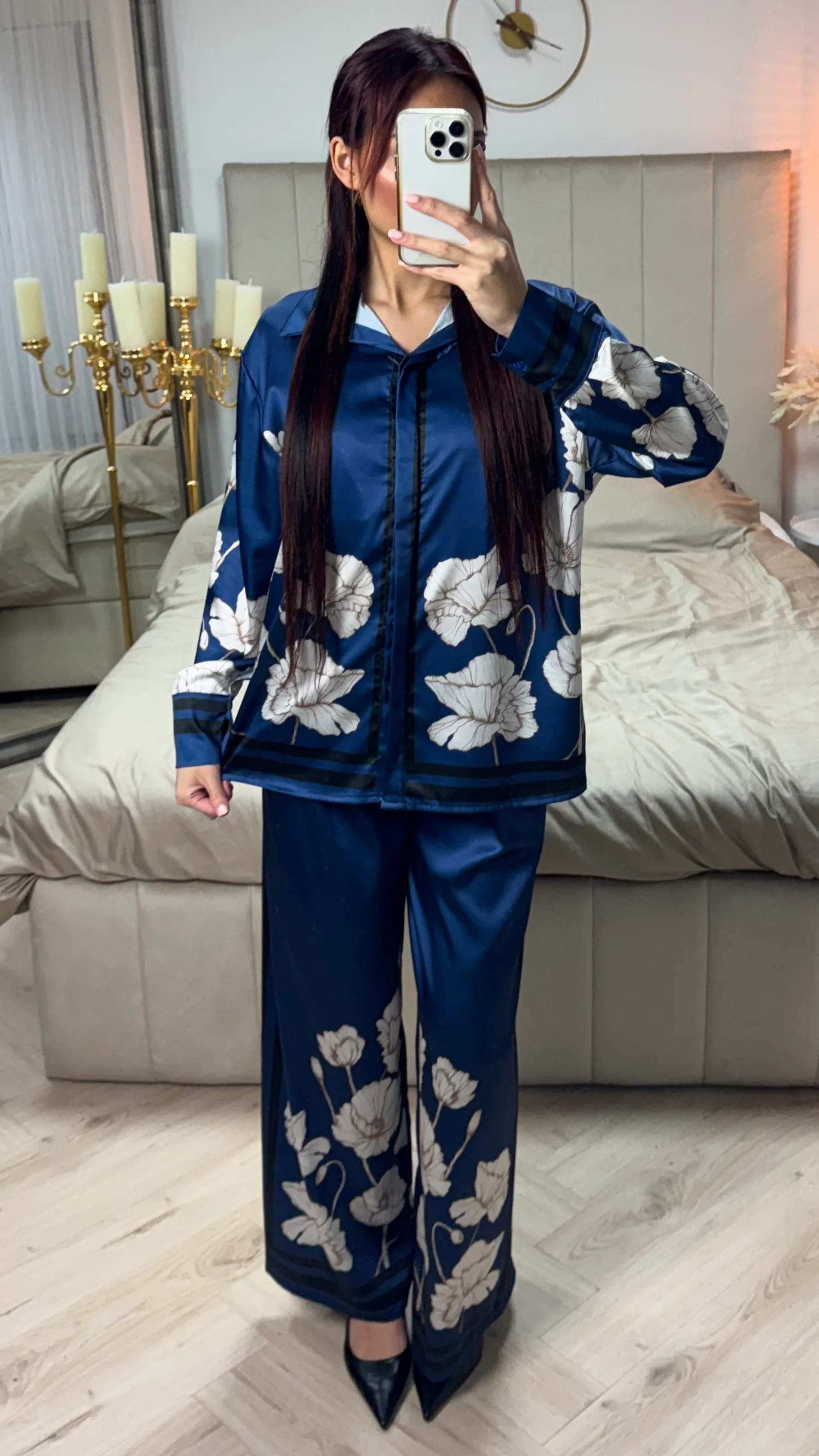 Satin Flower Print Blouse Set - Image 16
