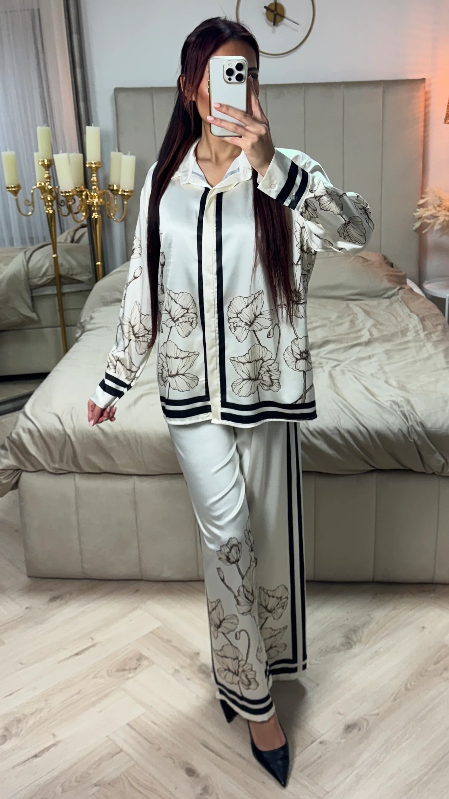 Satin Flower Print Blouse Set - Image 19