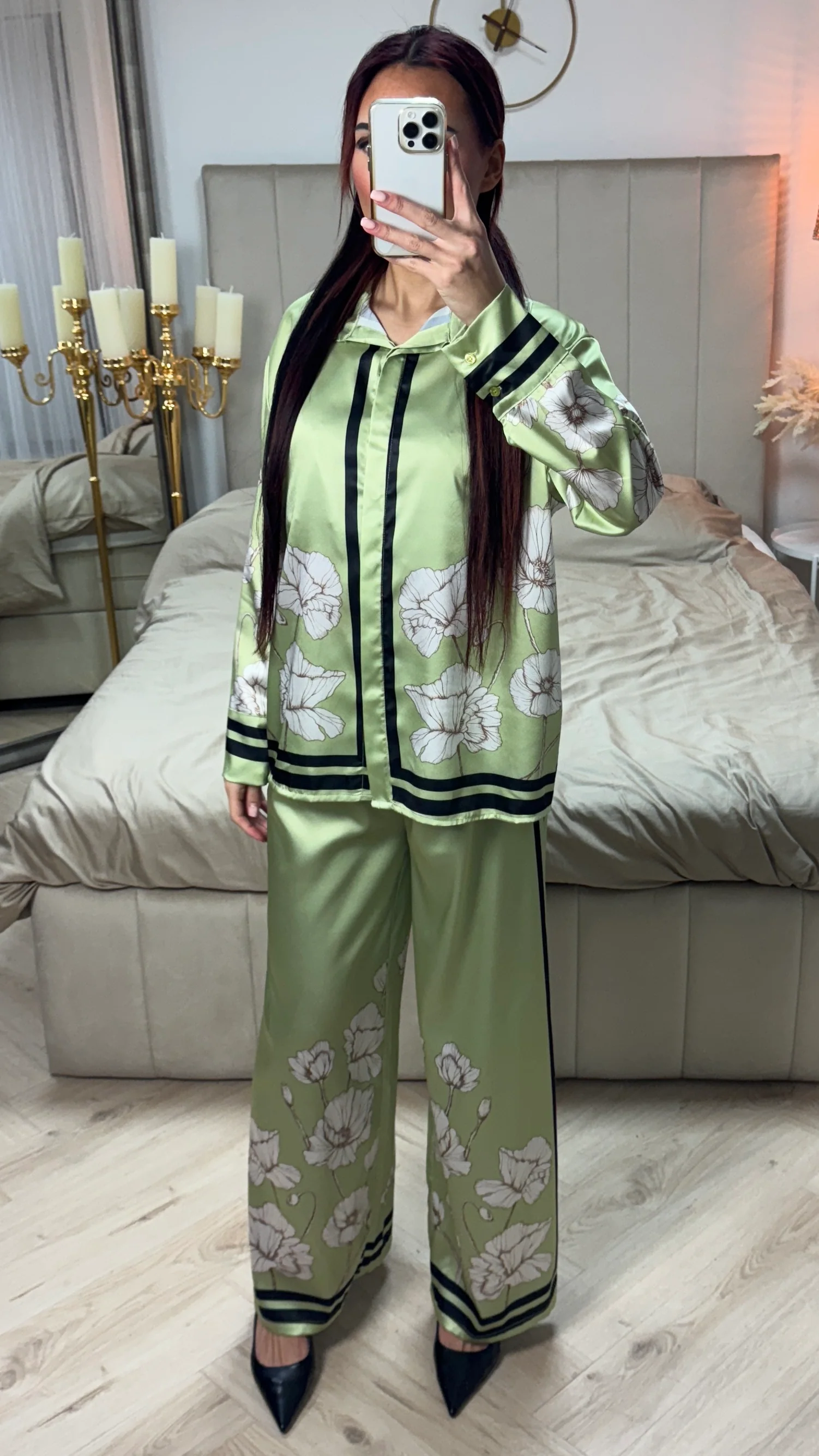 Satin Flower Print Blouse Set - Image 20