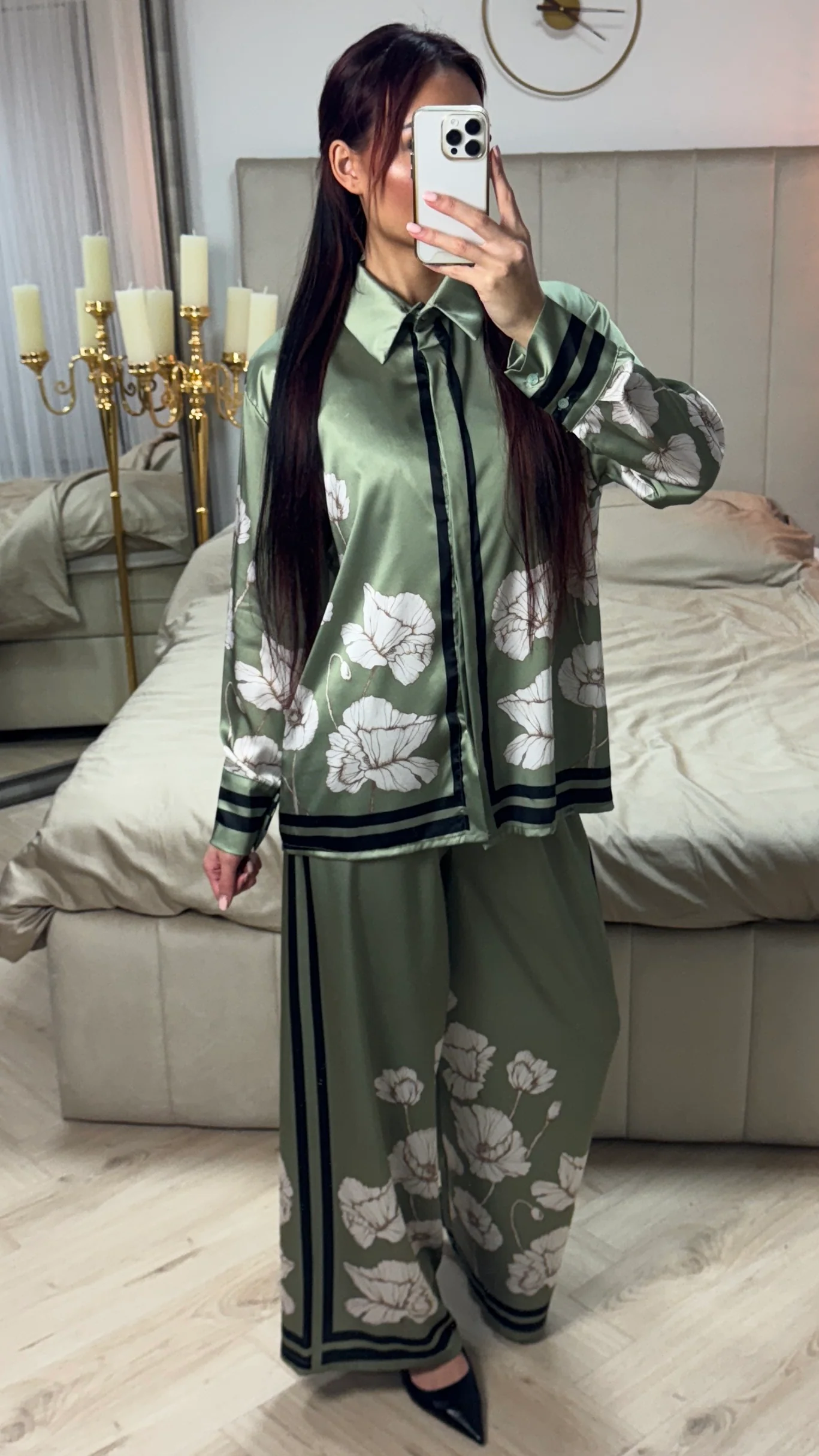 Satin Flower Print Blouse Set - Image 21