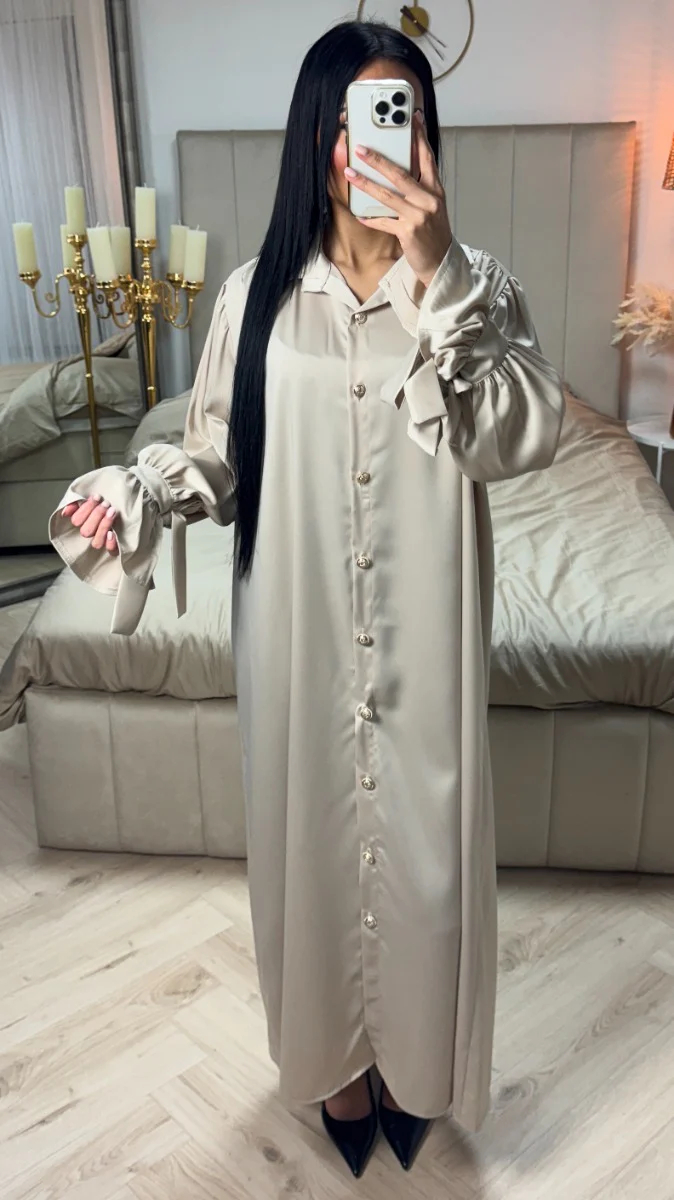 Satin Maxi Blouse Golden Button Tie Sleeve Detail - Image 3