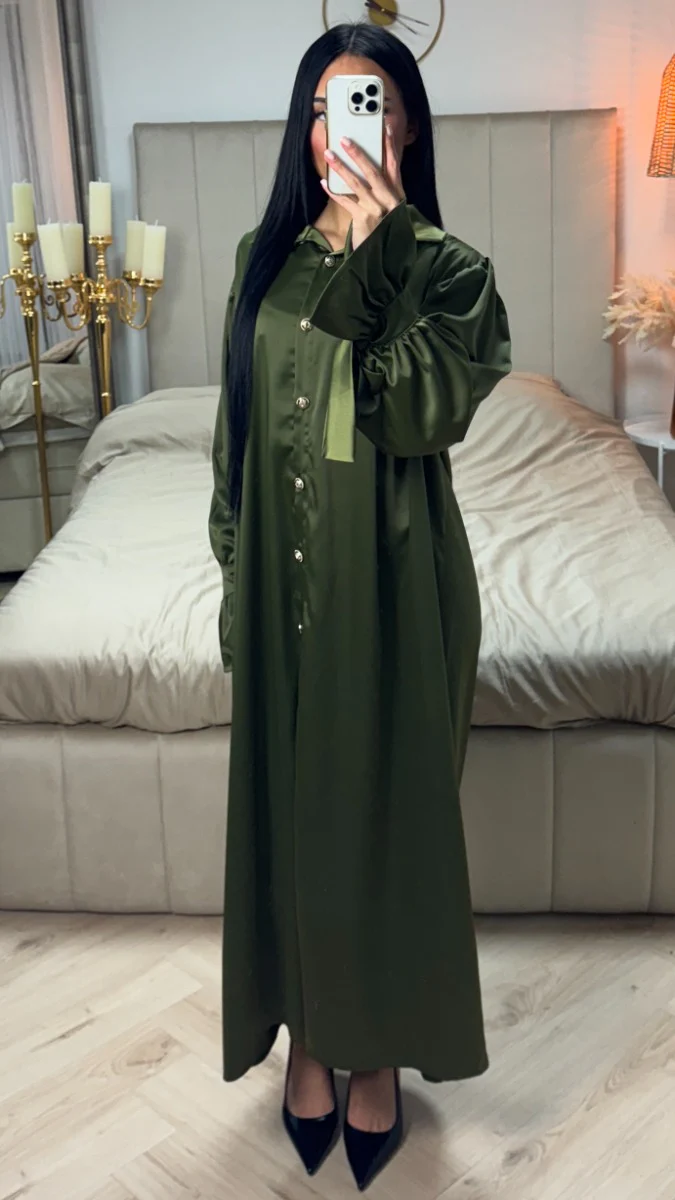 Satin Maxi Blouse Golden Button Tie Sleeve Detail - Image 4