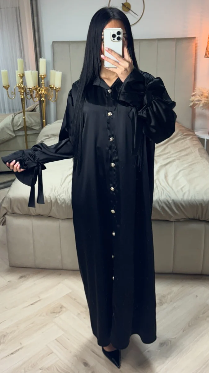 Satin Maxi Blouse Golden Button Tie Sleeve Detail - Image 5