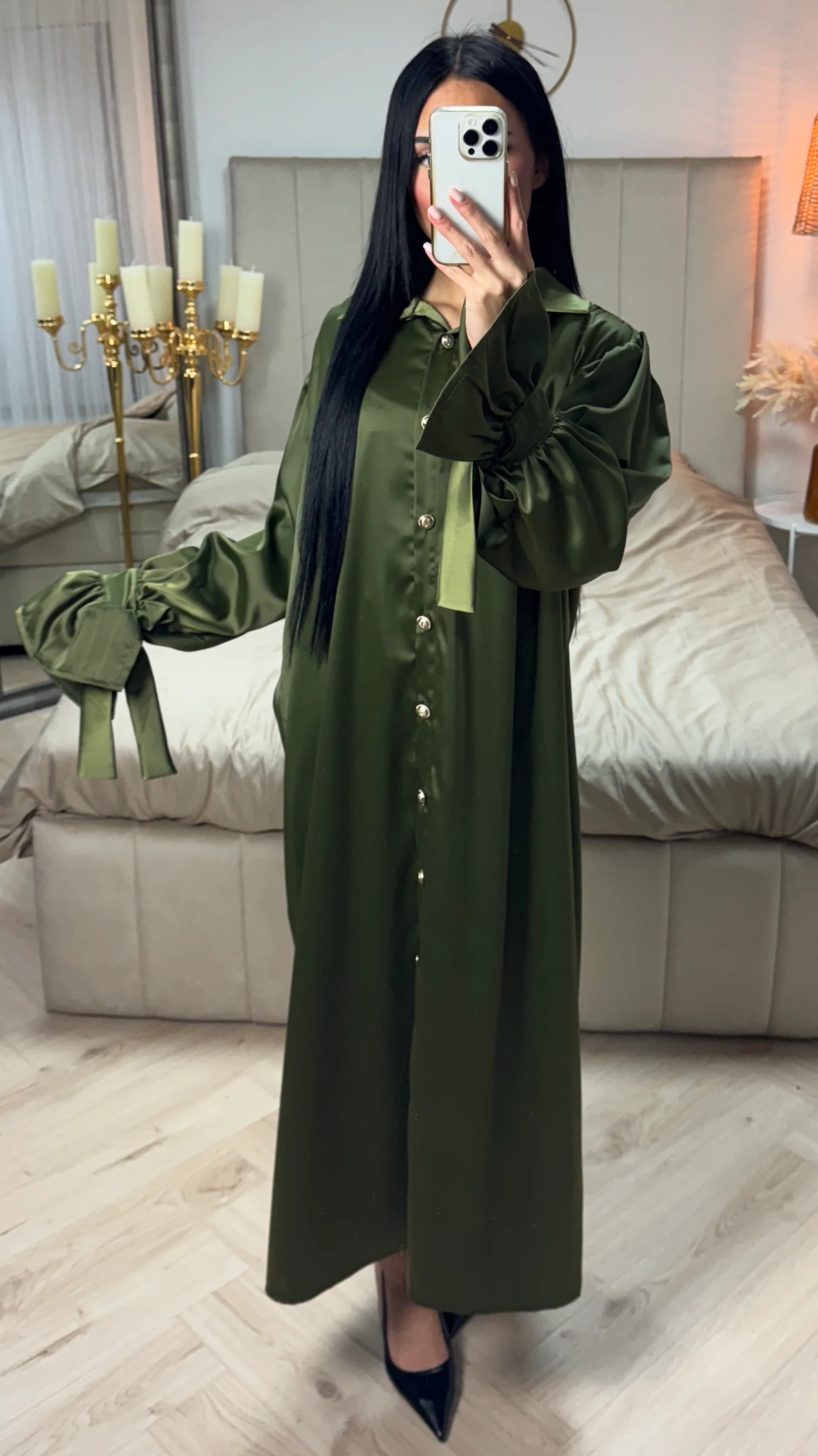 Satin Maxi Blouse Golden Button Tie Sleeve Detail - Image 9