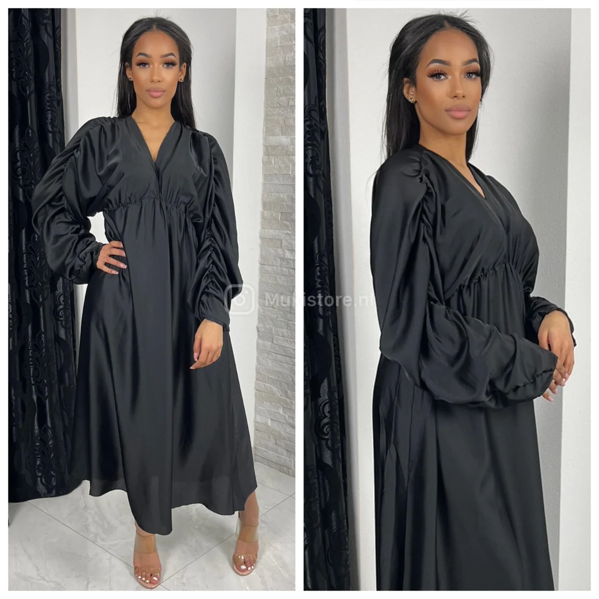Satin Oversized Dress Ruffle Sleeve Detail