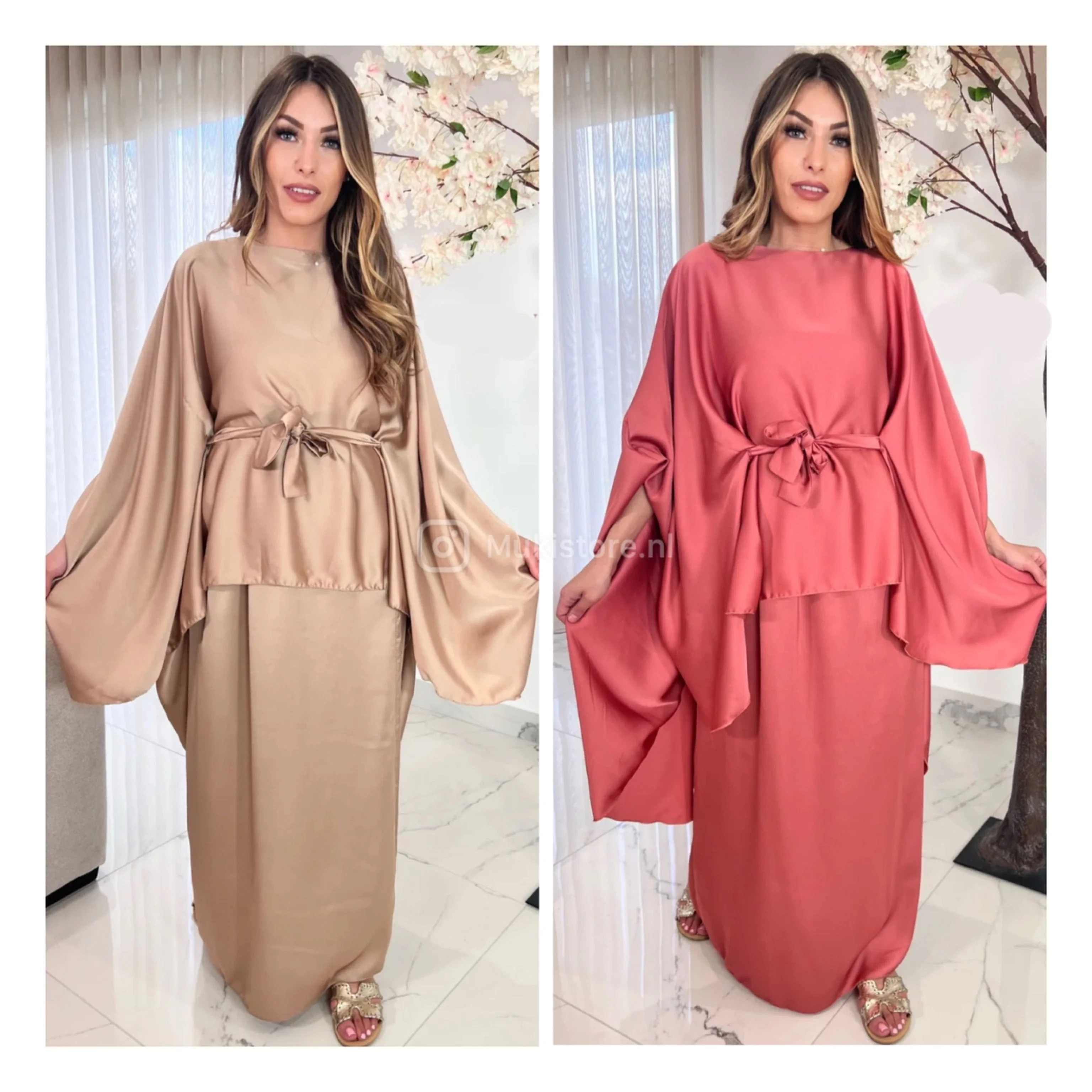 Satin Skirt Set Tie Belt Oversized Butterfly Top - Image 18