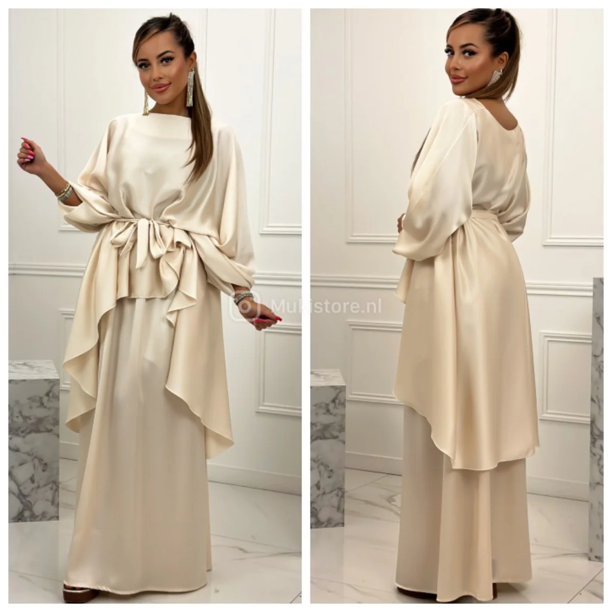 Satin Skirt Set Tie Belt Oversized Butterfly Top - Image 3