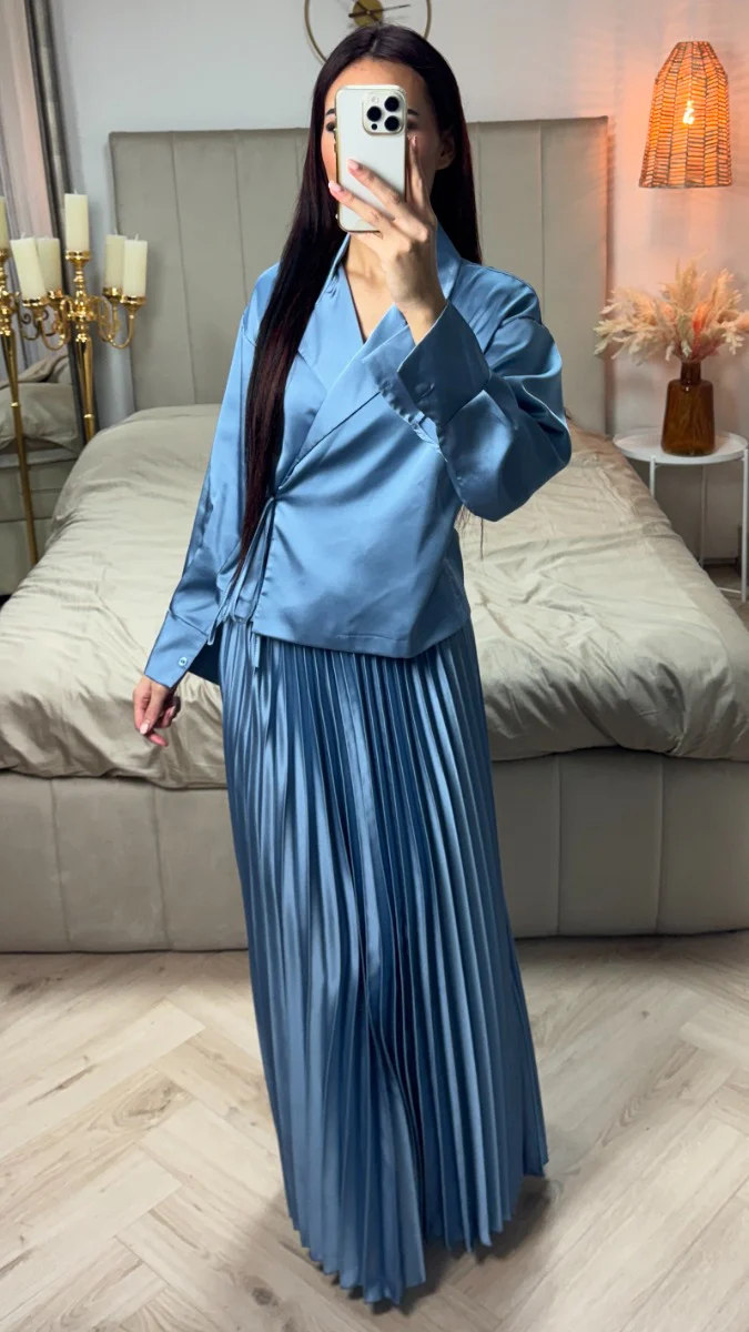 Satin Wrap Tie Belt Cardigan + Pleated Skirt - Image 15