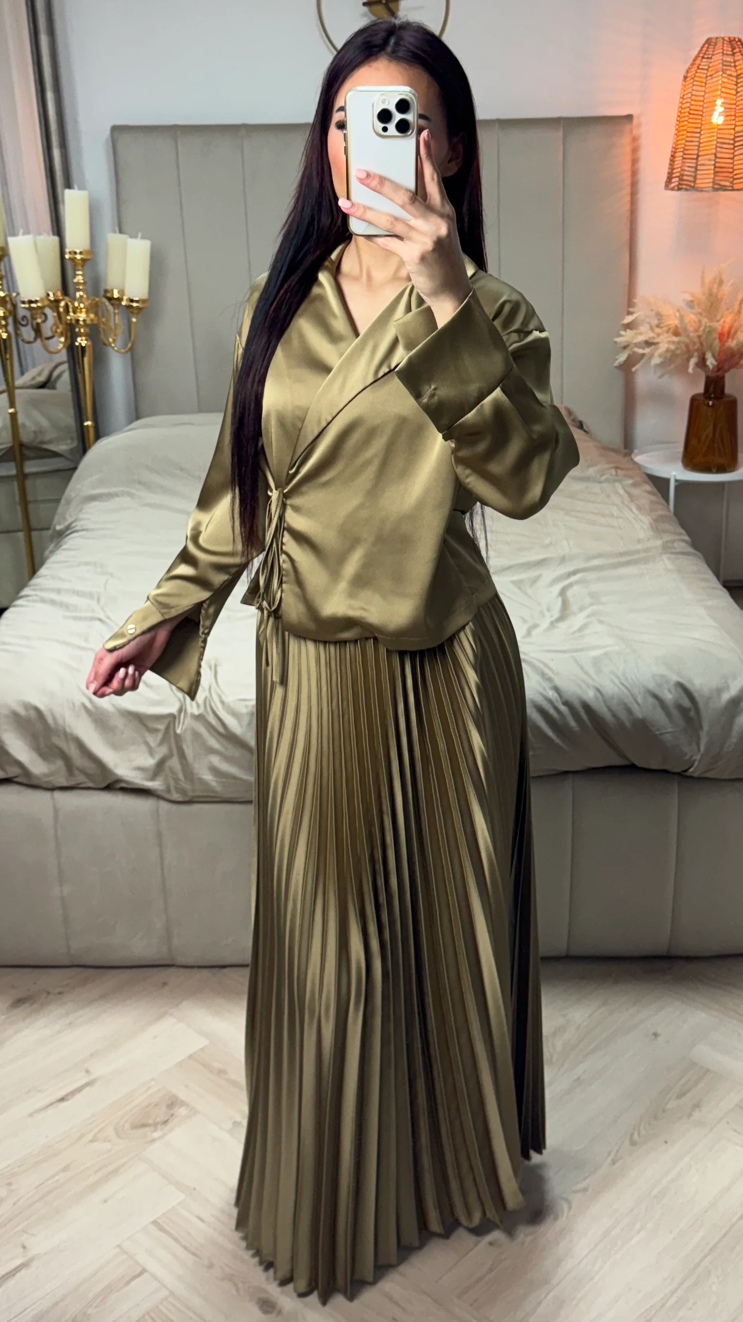 Satin Wrap Tie Belt Cardigan + Pleated Skirt - Image 20