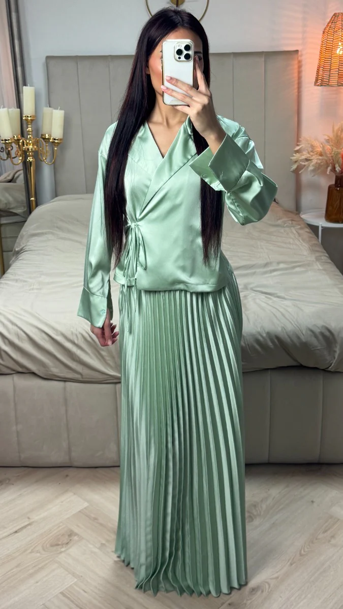 Satin Wrap Tie Belt Cardigan + Pleated Skirt - Image 4