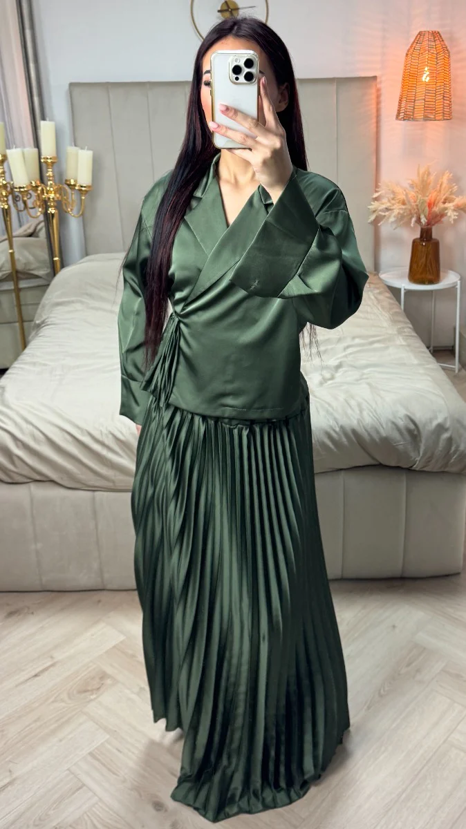 Satin Wrap Tie Belt Cardigan + Pleated Skirt - Image 7