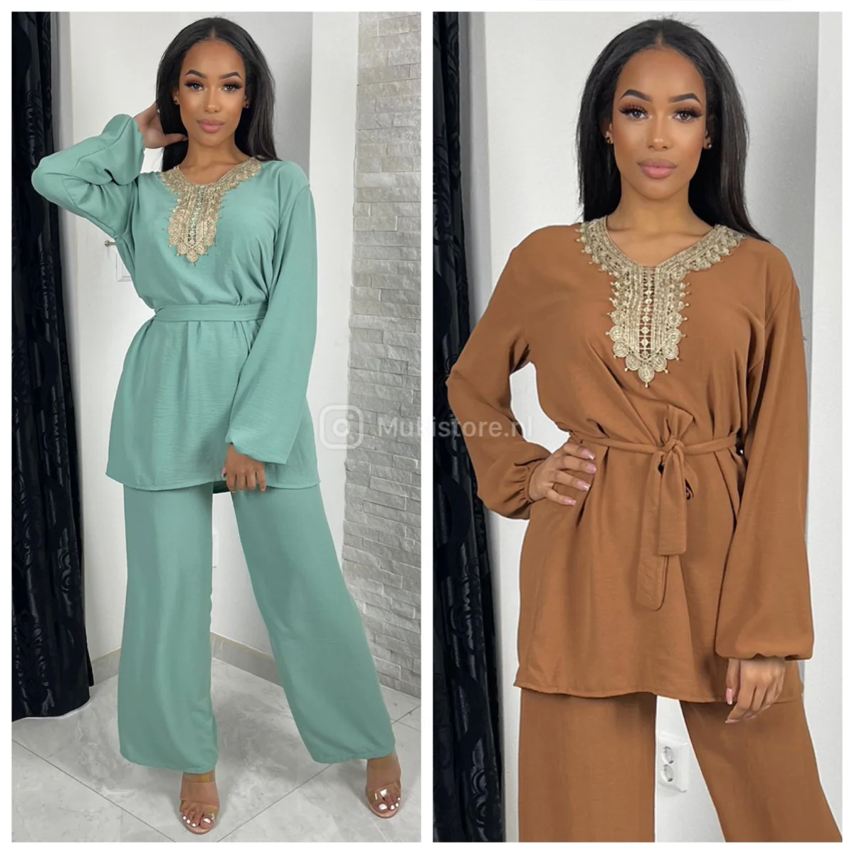 Set Wide Leg Embroidered Tie Belt - Image 3
