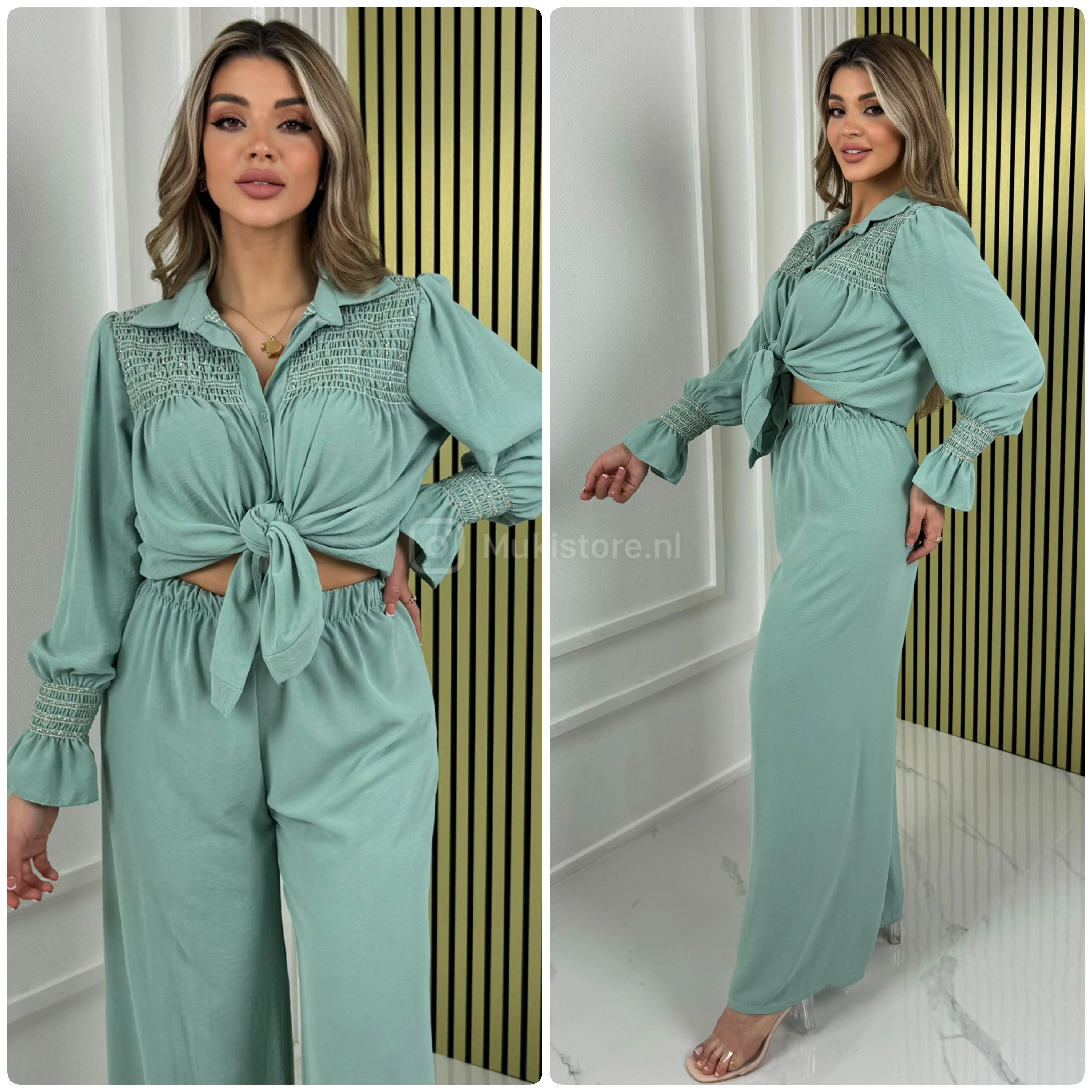 Shiny Details Blouse Ruffle Sleeve Wide Leg Set - Image 10