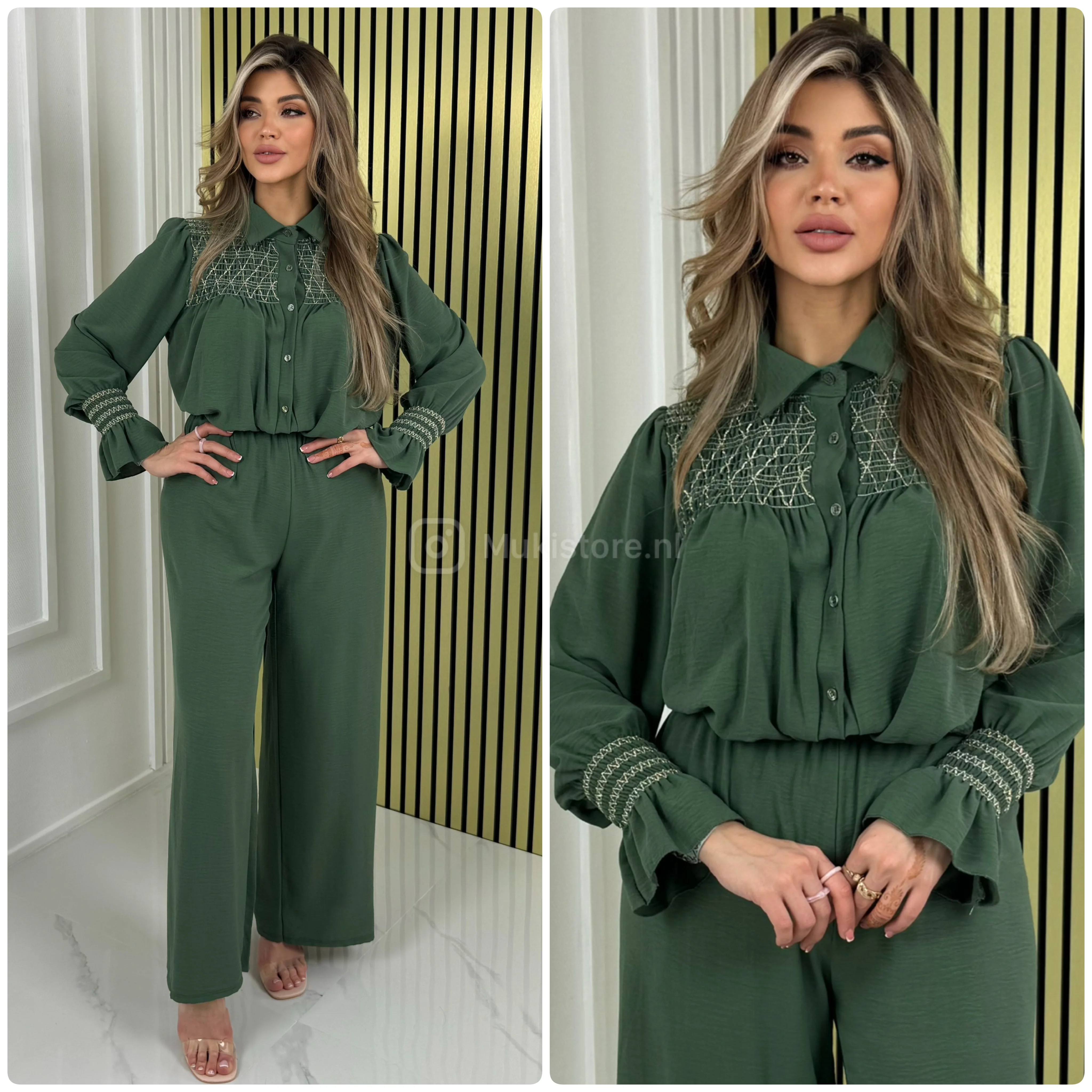 Shiny Details Blouse Ruffle Sleeve Wide Leg Set - Image 9
