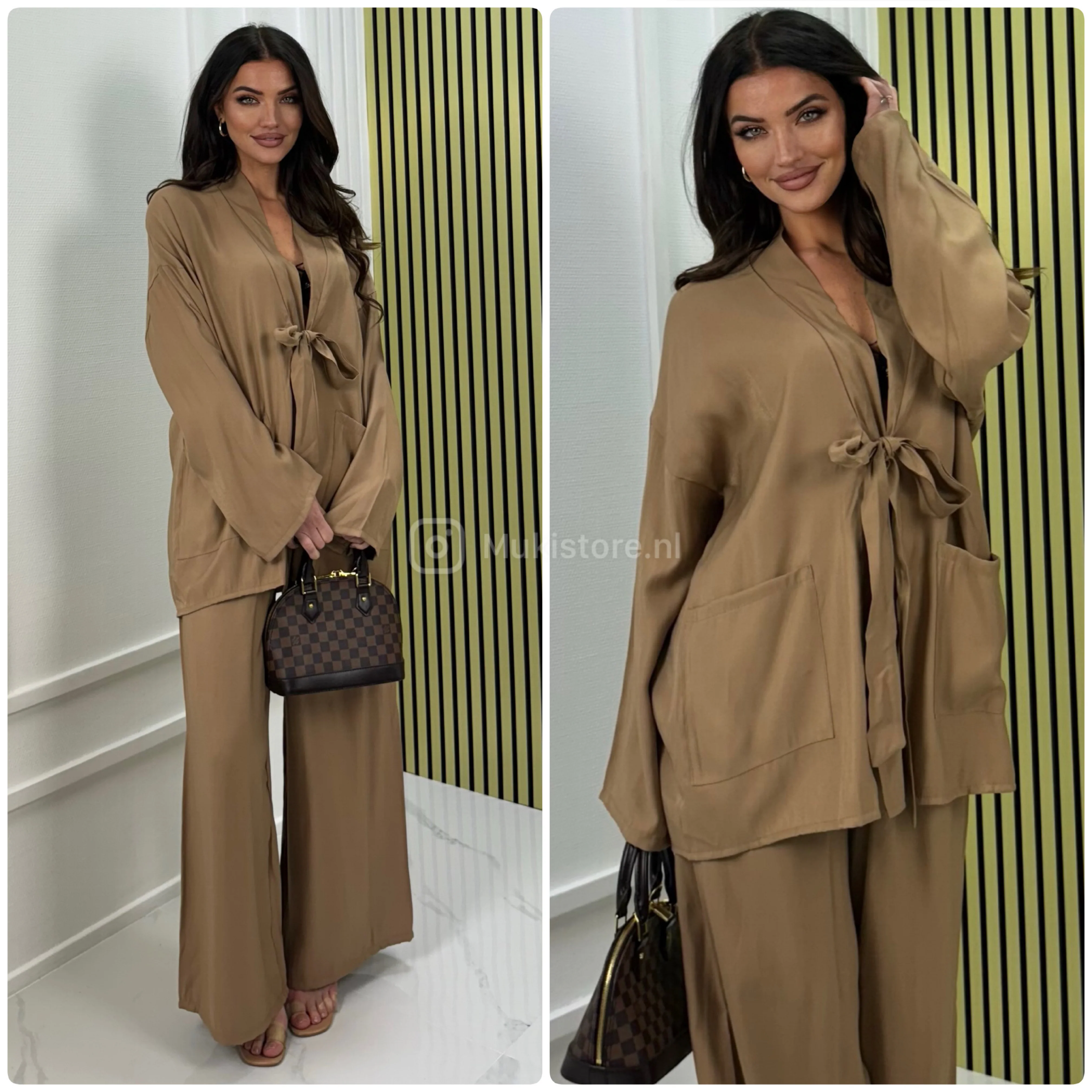 Shiny Material Tie Cardigan And Pockets Wide Leg Set - Image 10