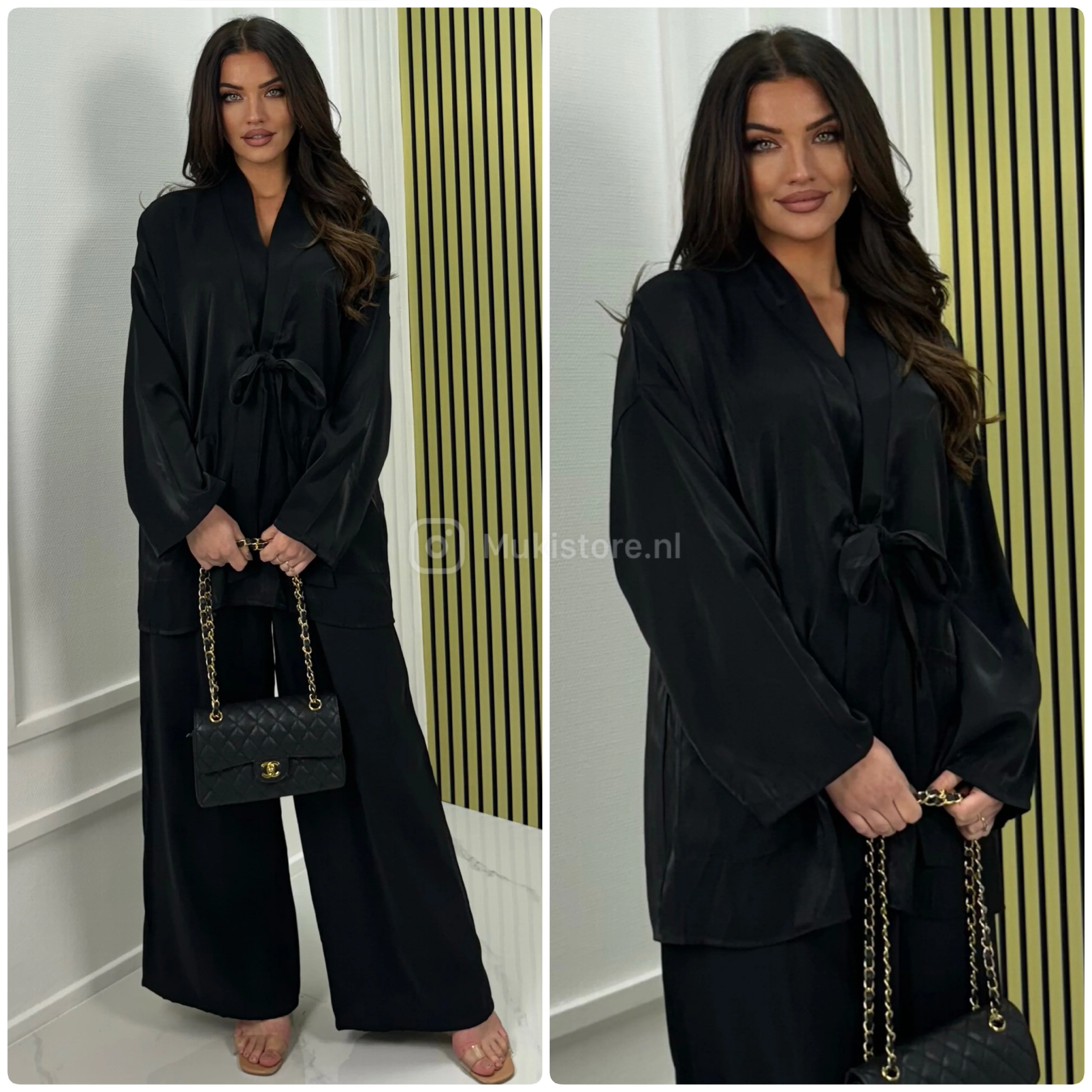 Shiny Material Tie Cardigan And Pockets Wide Leg Set - Image 13