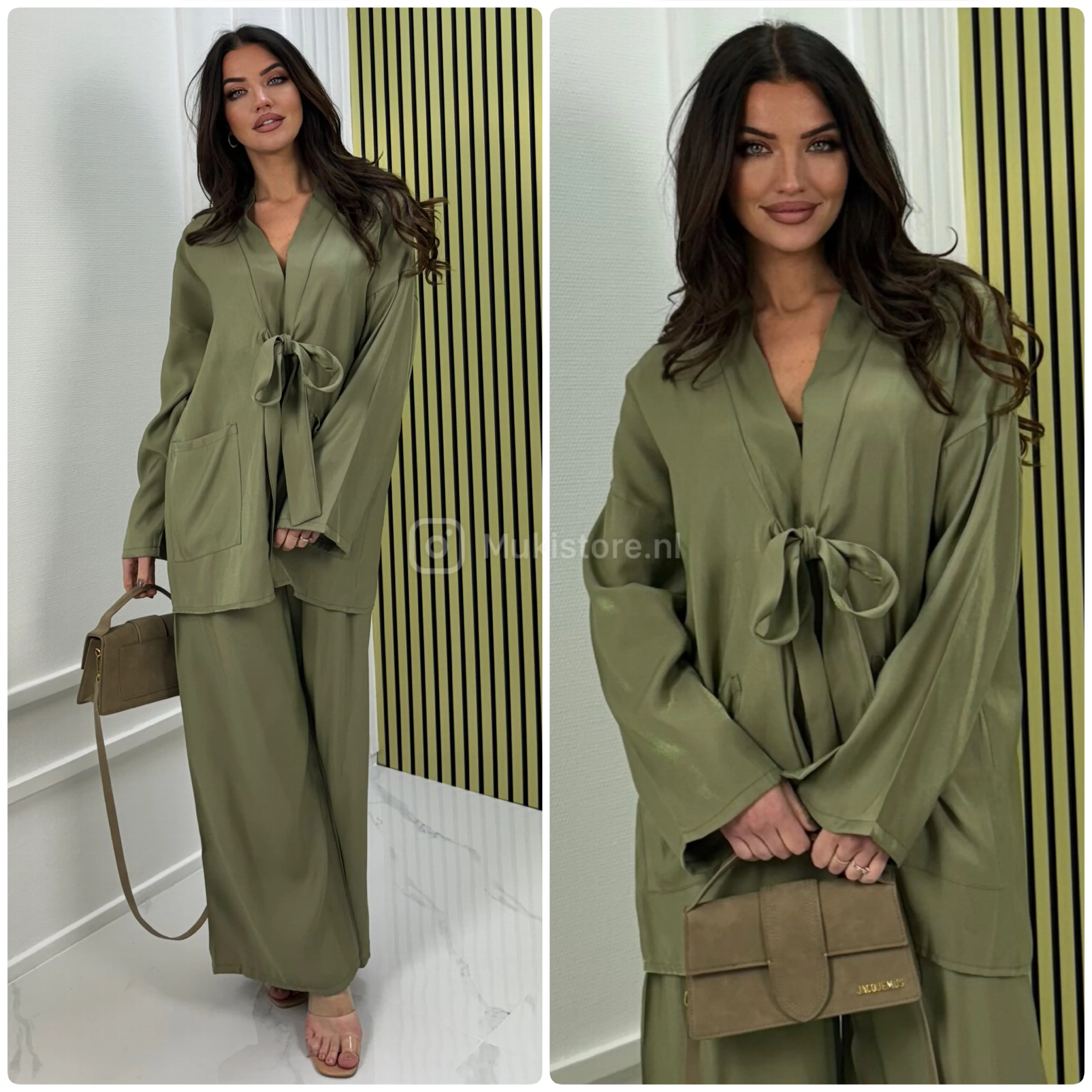 Shiny Material Tie Cardigan And Pockets Wide Leg Set - Image 14
