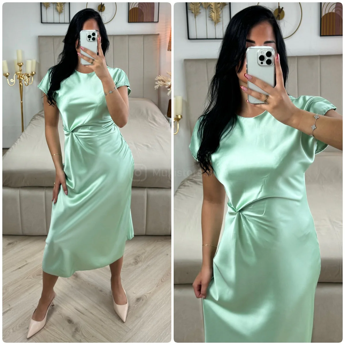 Short Sleeve Satin Dress Wrapped Detail - Image 8