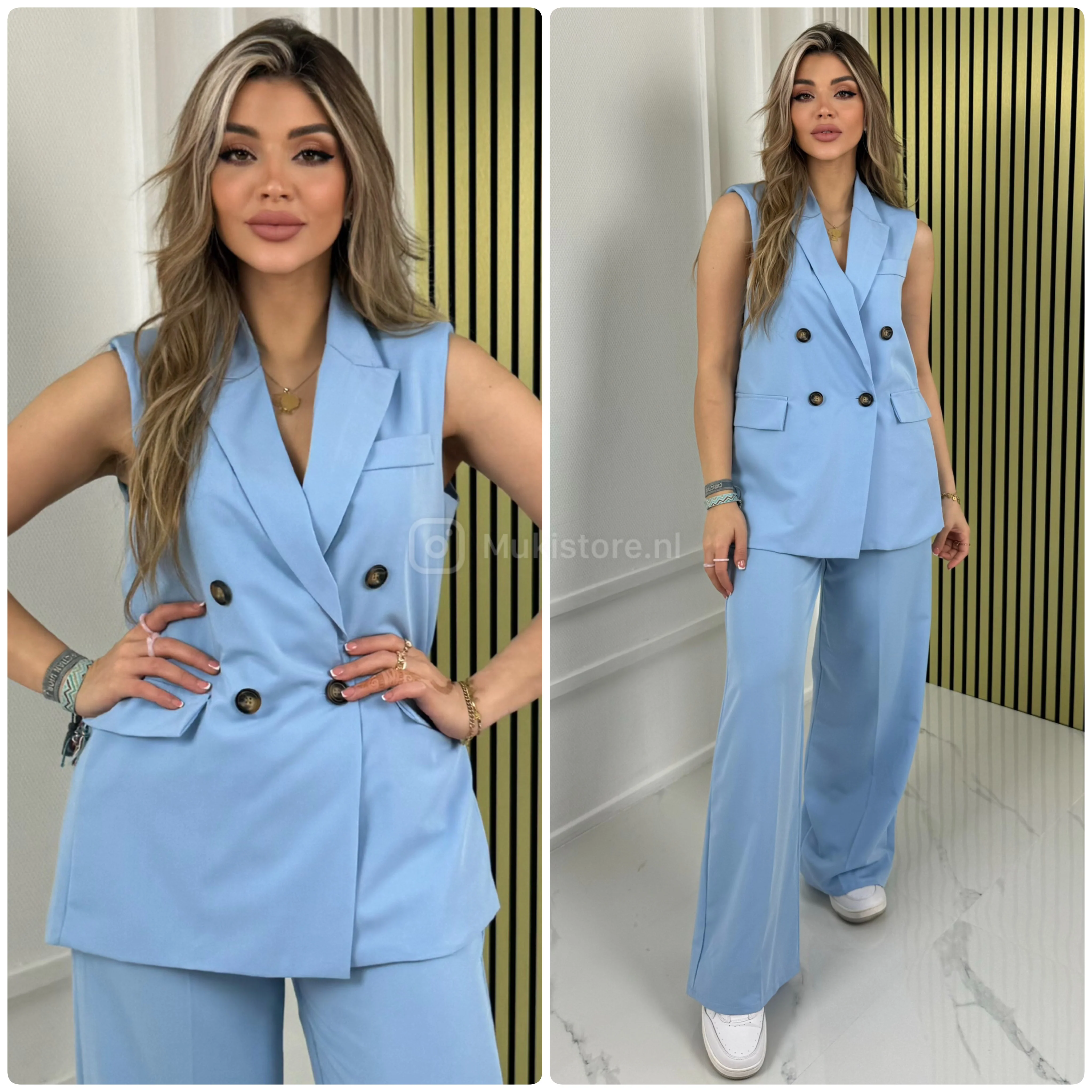 Sleeveless Blazer Button Wide Leg Set - Image 18