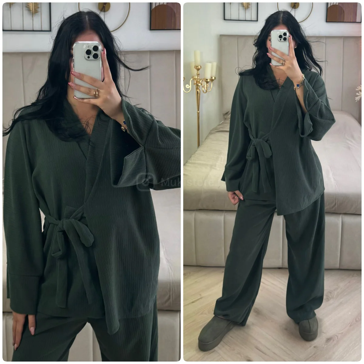 Slit Sleeve Tie Belt Cardigan Thick Ribbed Corduroy Set - Image 2