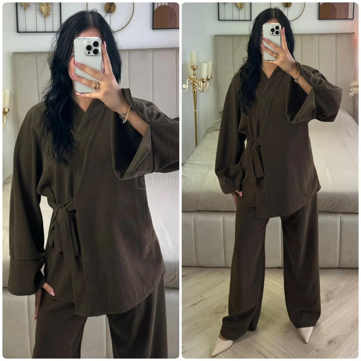 Slit Sleeve Tie Belt Cardigan Thick Ribbed Corduroy Set - Image 5