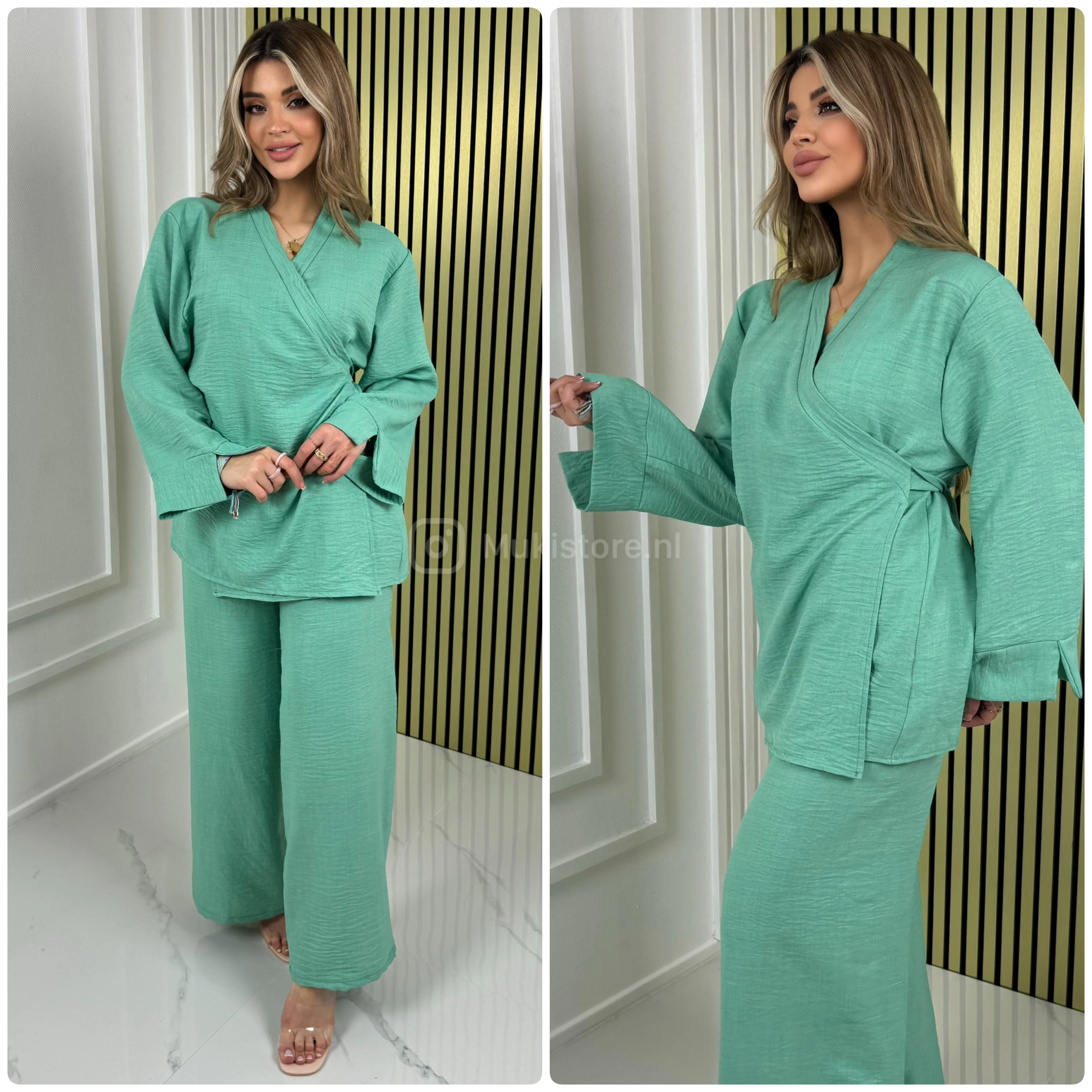 Slit Sleeve Wrapped Tie Belt Wide Leg Set - Image 14