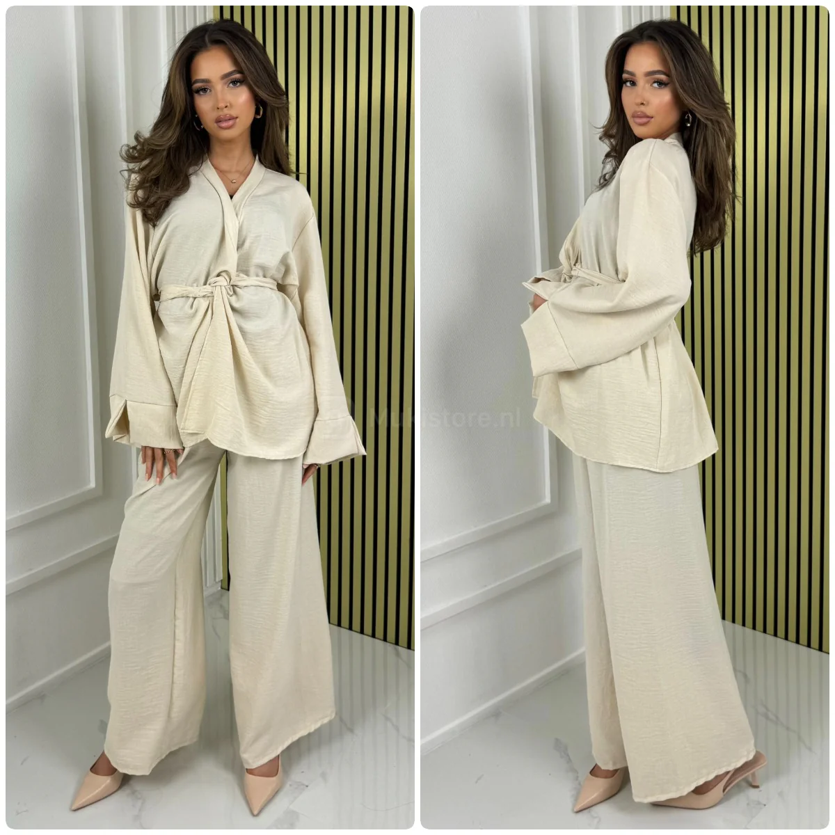 Slit Sleeve Wrapped Tie Belt Wide Leg Set - Image 18