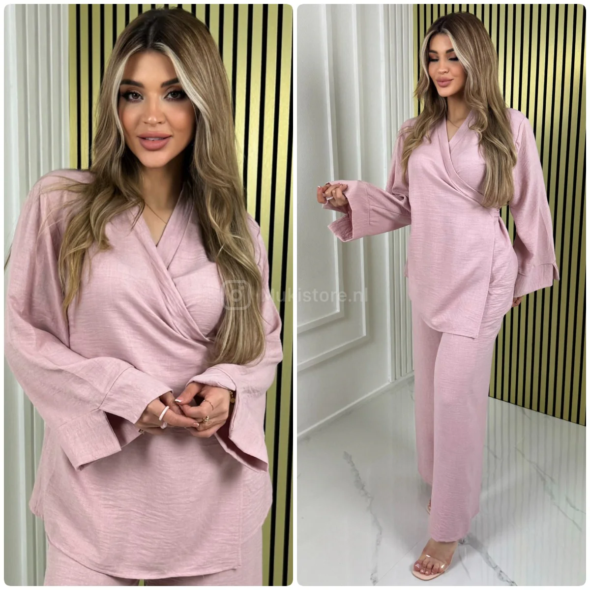Slit Sleeve Wrapped Tie Belt Wide Leg Set - Image 3