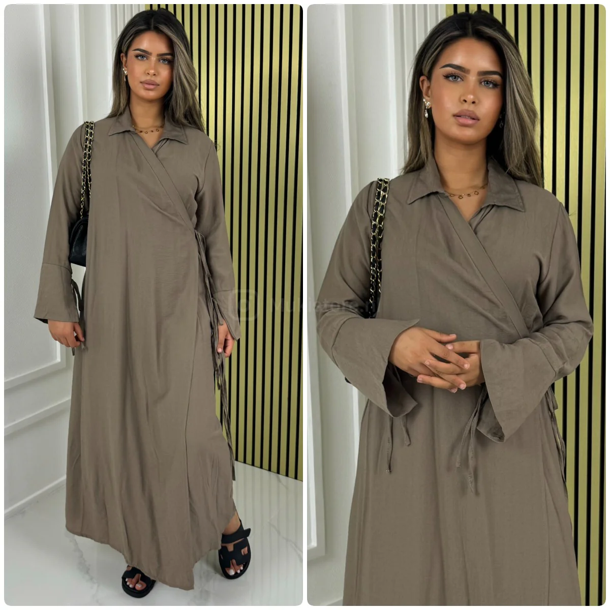 Slit Tie Sleeve Wrap Tie Belt Dress - Image 2