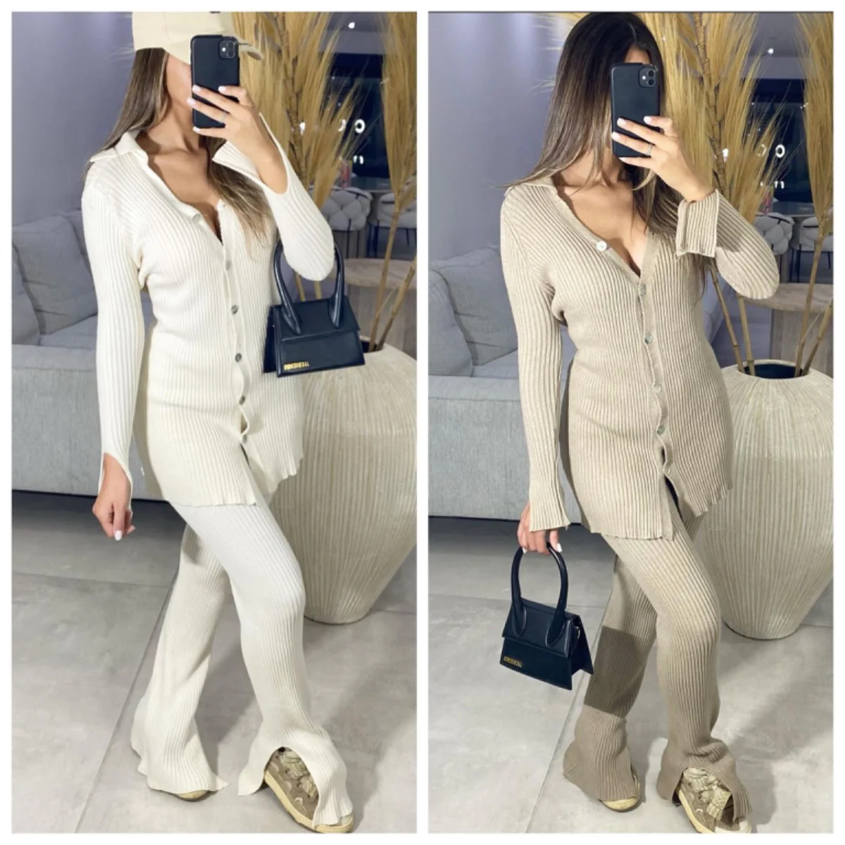 Split Details Thick Ribbed Button Vest Set - Image 11