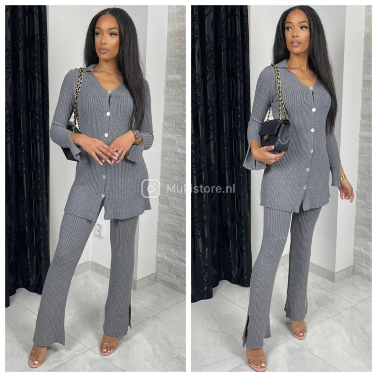 Split Details Thick Ribbed Button Vest Set - Image 5