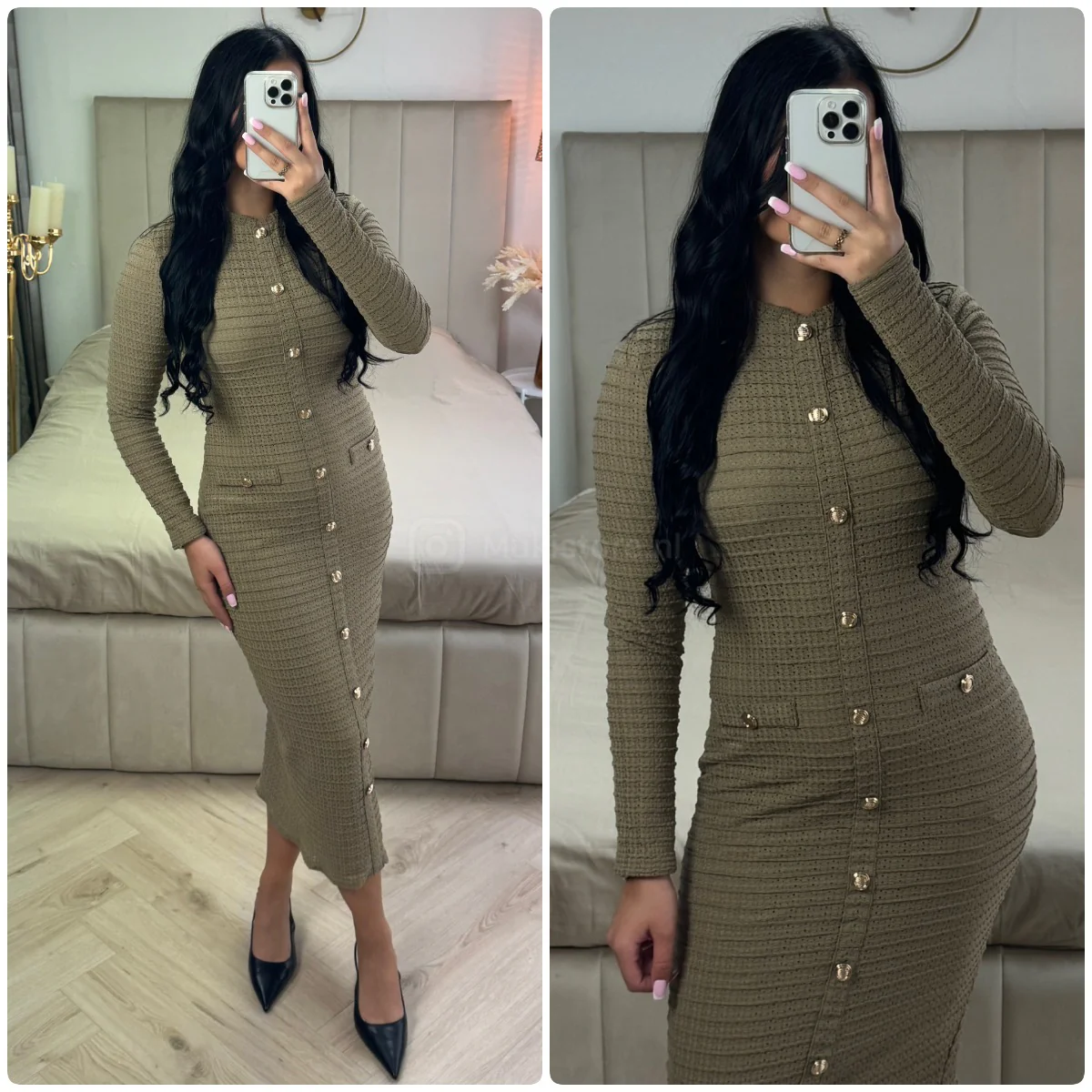 Textured Long Dress Golden Buttons - Image 4
